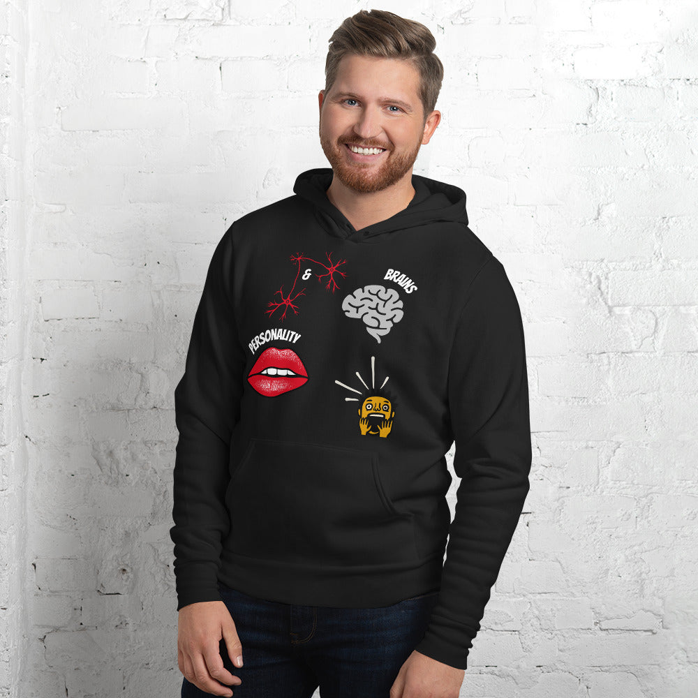 man in a cropped black pullover hoodie with pictures of brain sexy lips neurons and a shocked guy