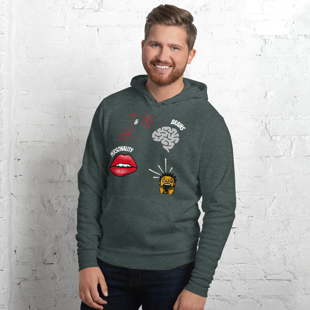 man in a cropped heather forest pullover hoodie with pictures of brain sexy lips neurons and a shocked guy