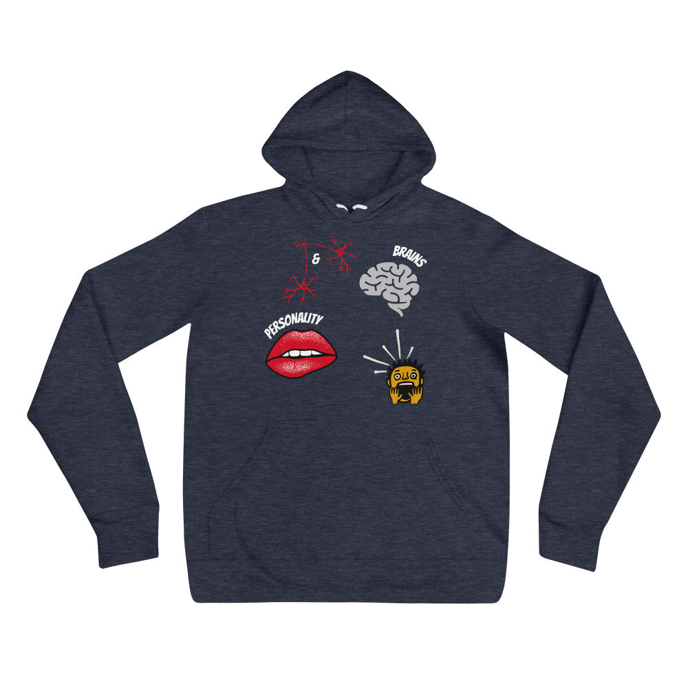 cropped heather navy pullover hoodie with pictures of brain sexy lips neurons and a shocked guy