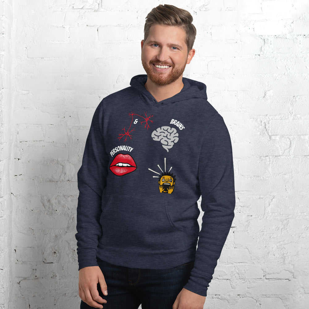 man in a cropped heather navy pullover hoodie with pictures of brain sexy lips neurons and a shocked guy