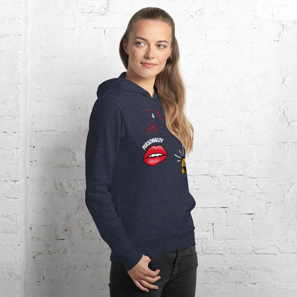 woman in a cropped heather navy pullover hoodie with pictures of brain sexy lips neurons and a shocked guy