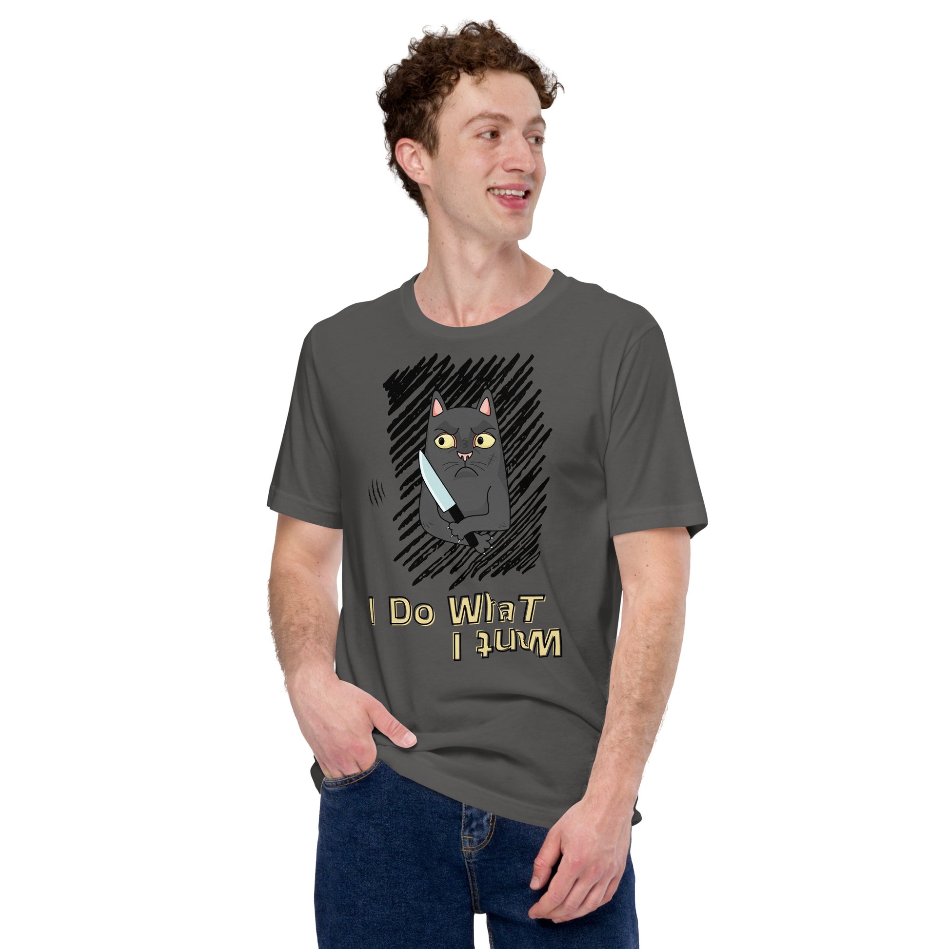 t-shirt with "I Do What I Want" caption and a mischievous cat with a knife