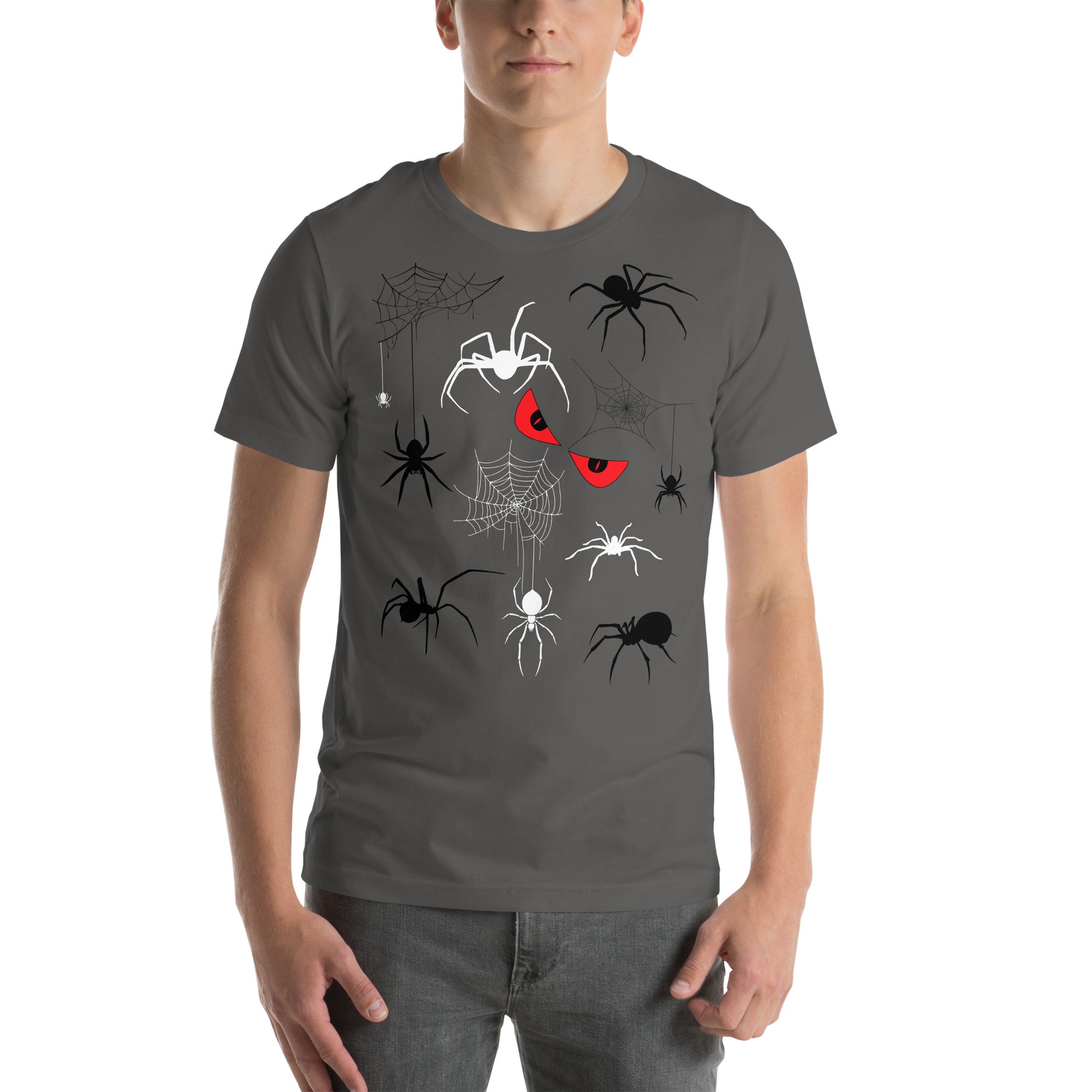 Man in a unisex asphalt grey t-shirt with creepy spiders, spider webs and malicious red eyes. 