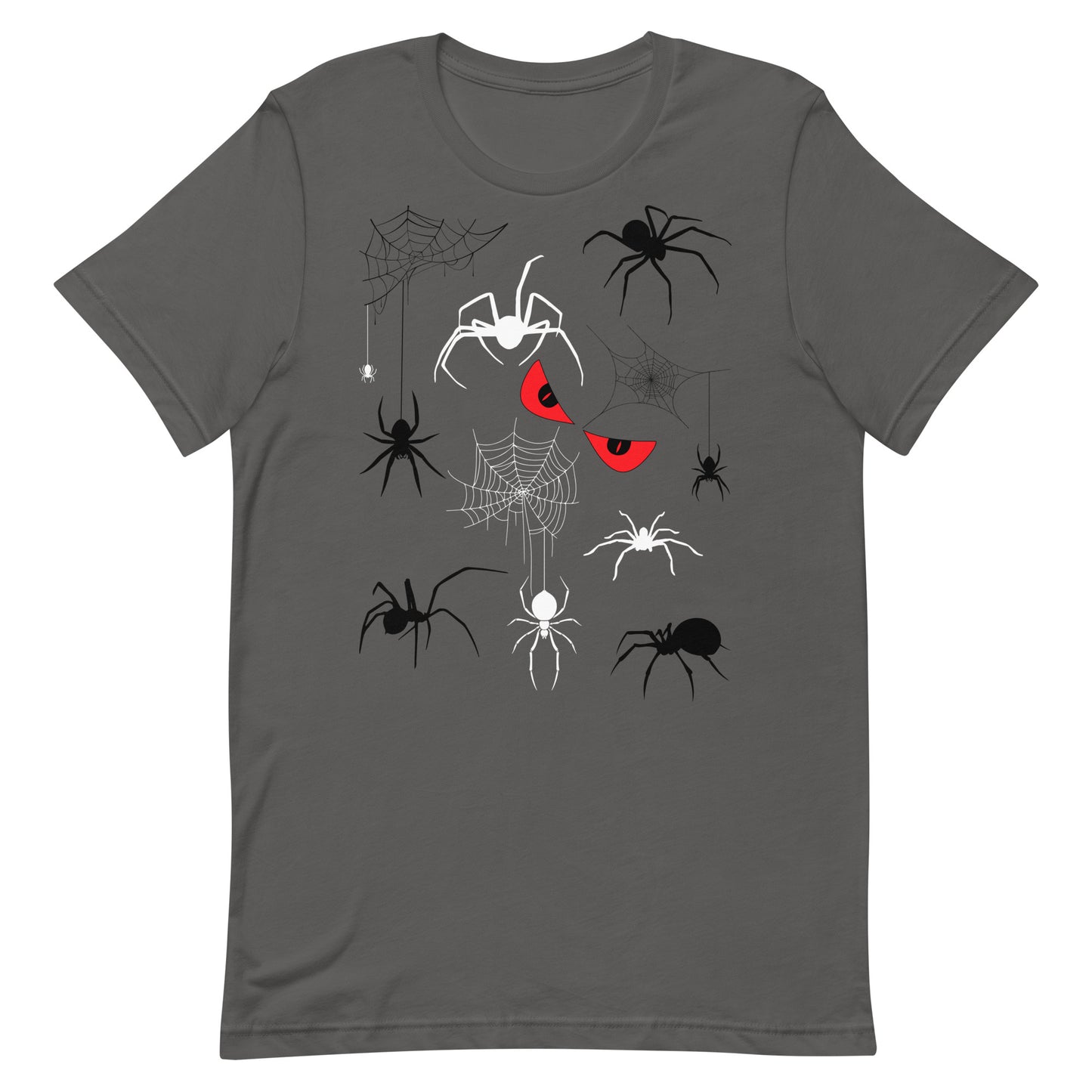 Unisex asphalt grey t-shirt with creepy spiders, spider webs and malicious red eyes. 