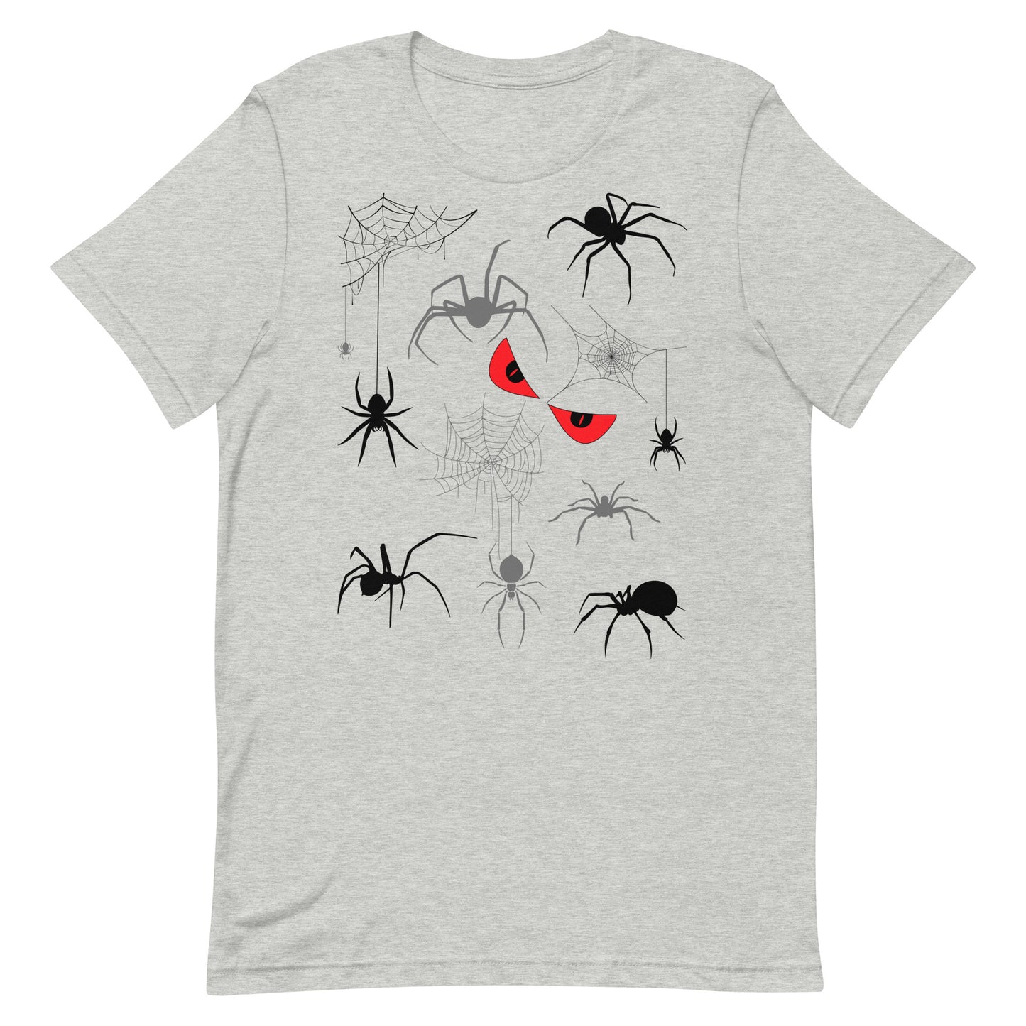 Unisex athletic heather grey t-shirt with creepy spiders, spider webs and malicious red eyes. 