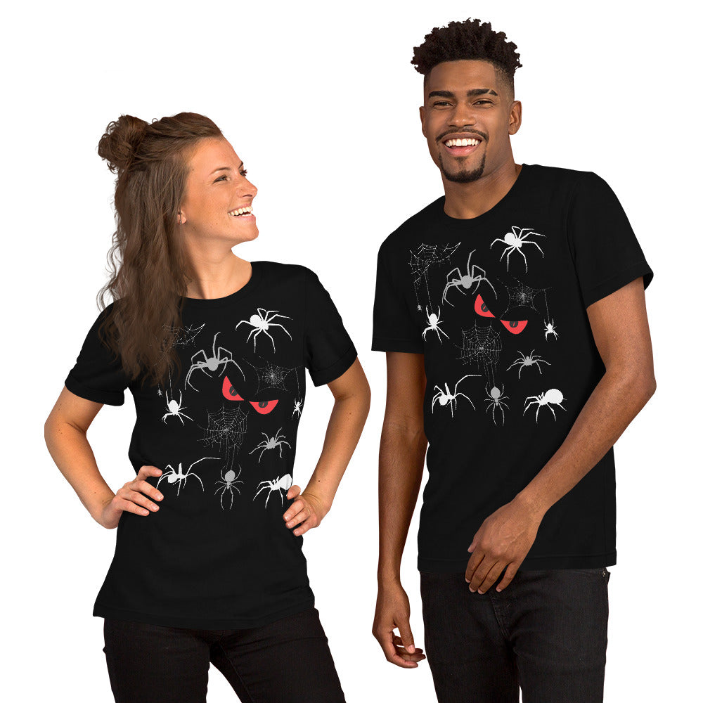 Man and woman in unisex black t-shirts with creepy spiders, spider webs and malicious red eyes. 