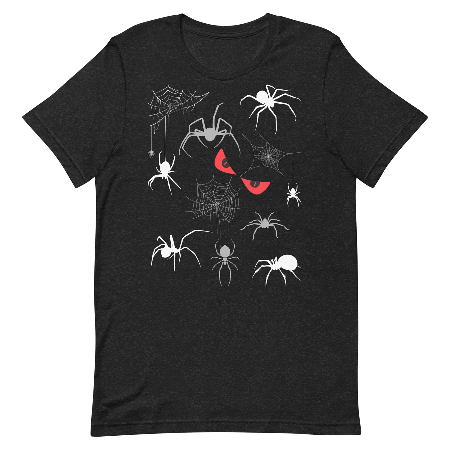 Unisex black heather t-shirt with creepy spiders, spider webs and malicious red eyes. 