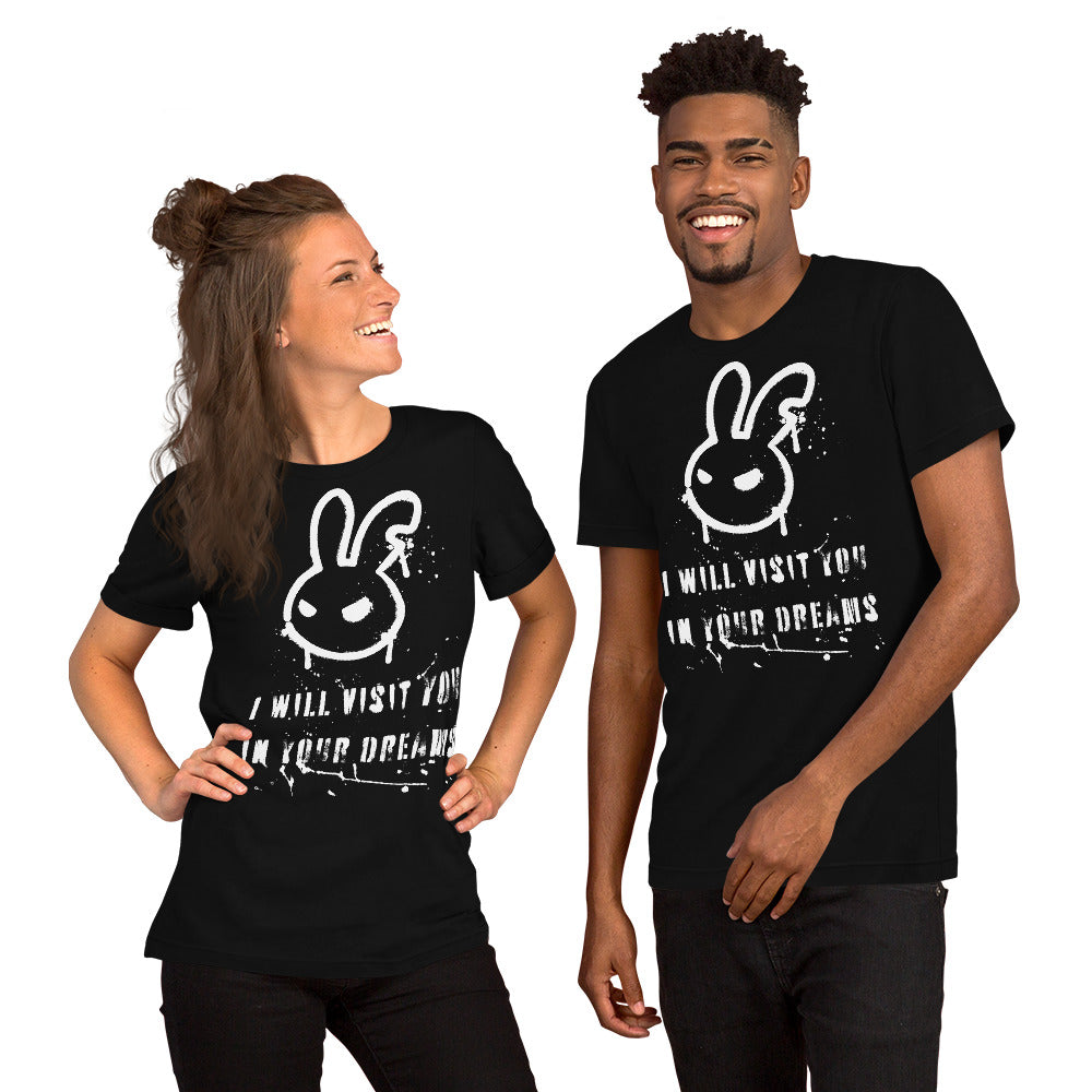 Man and woman in a black unisex t-shirt with a creepy caption "I Will Visit You In Your Dreams."