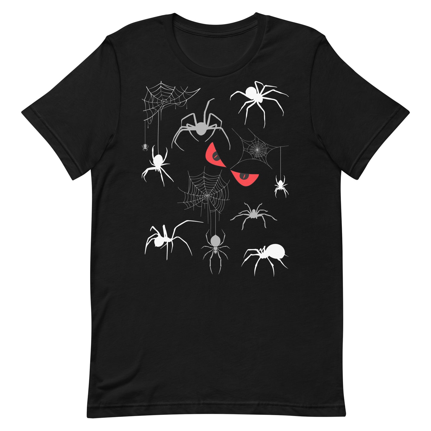 Unisex black t-shirt with creepy spiders, spider webs and malicious red eyes. 