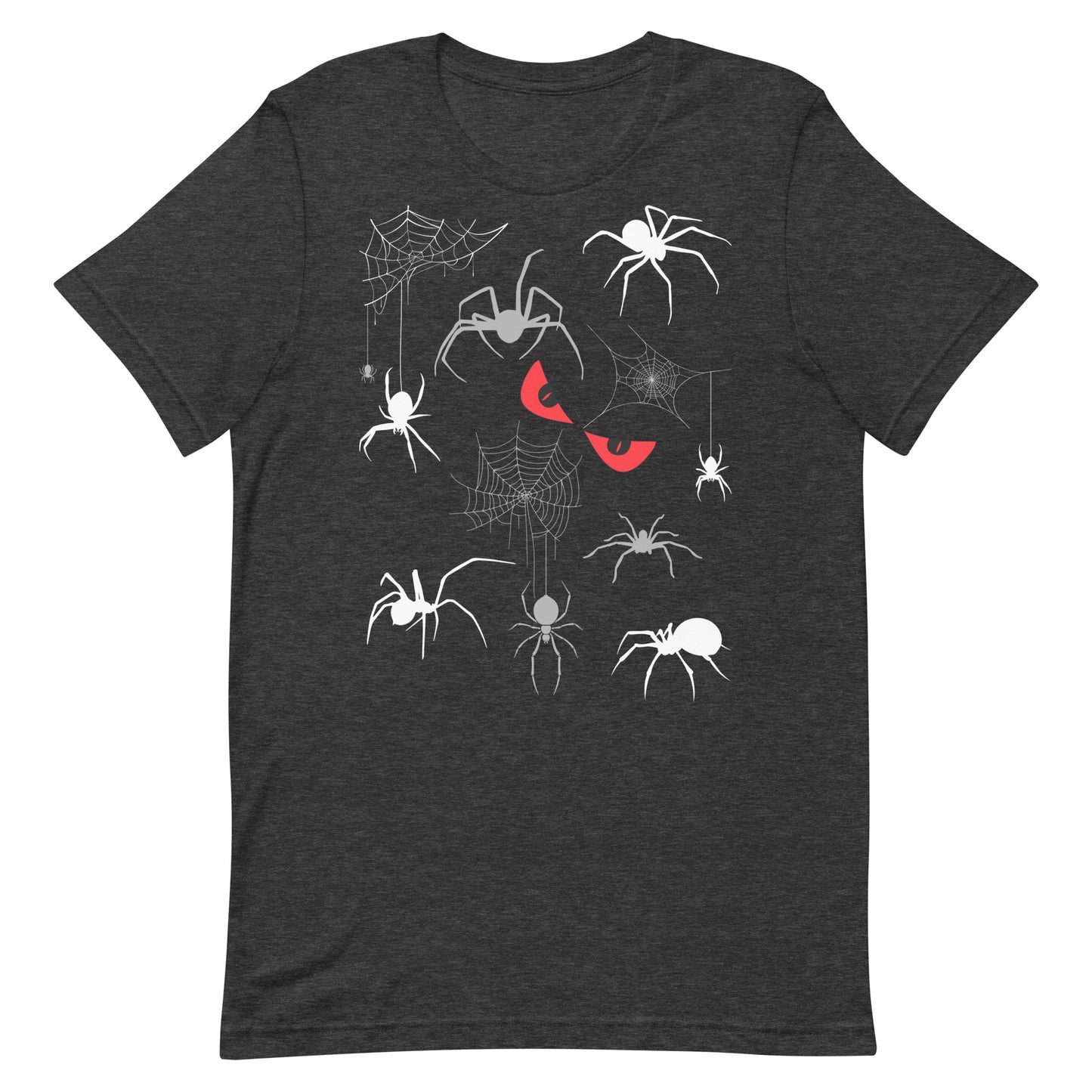 Unisex dark grey heather t-shirt with creepy spiders, spider webs and malicious red eyes. 