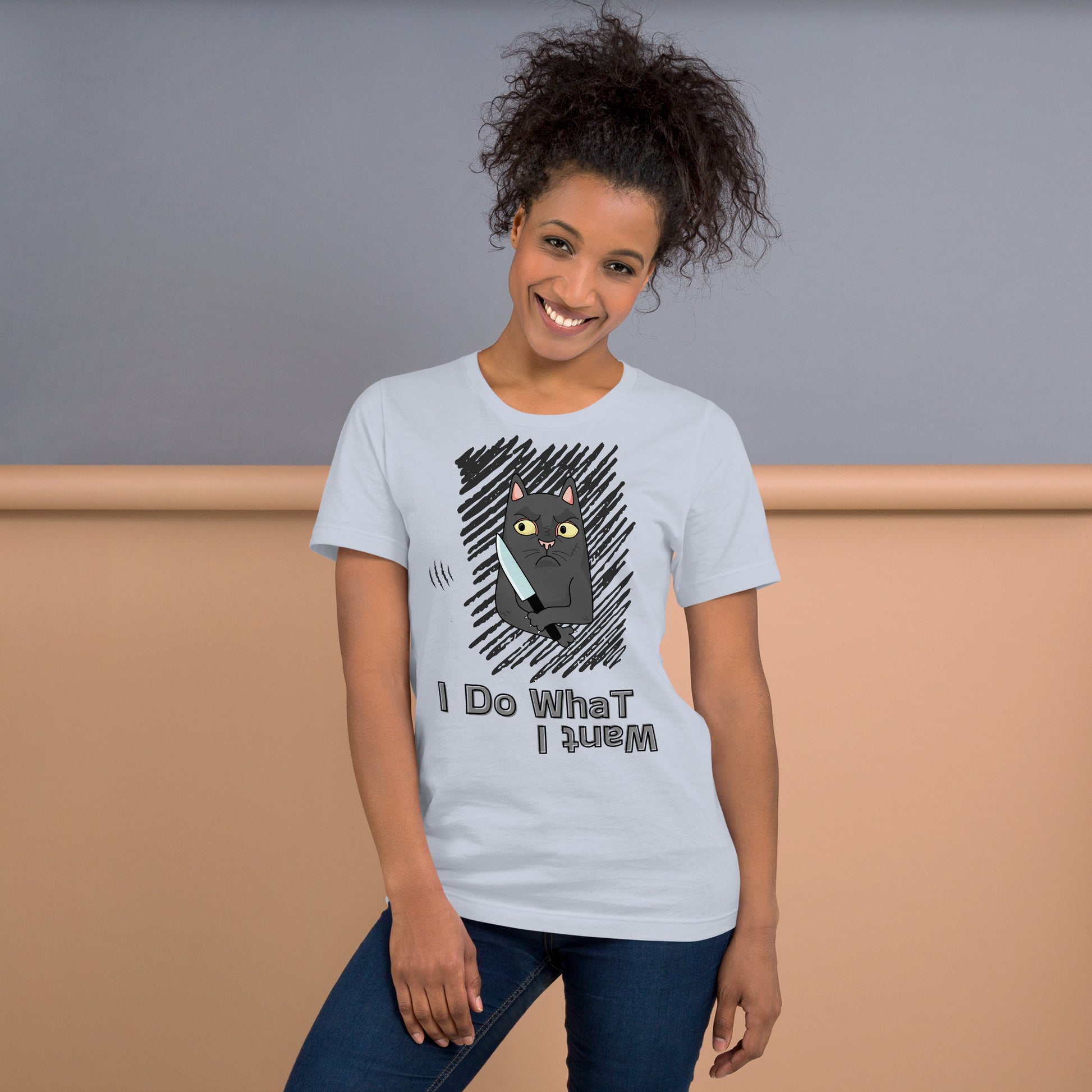 t-shirt with "I Do What I Want" caption and a mischievous cat with a knife