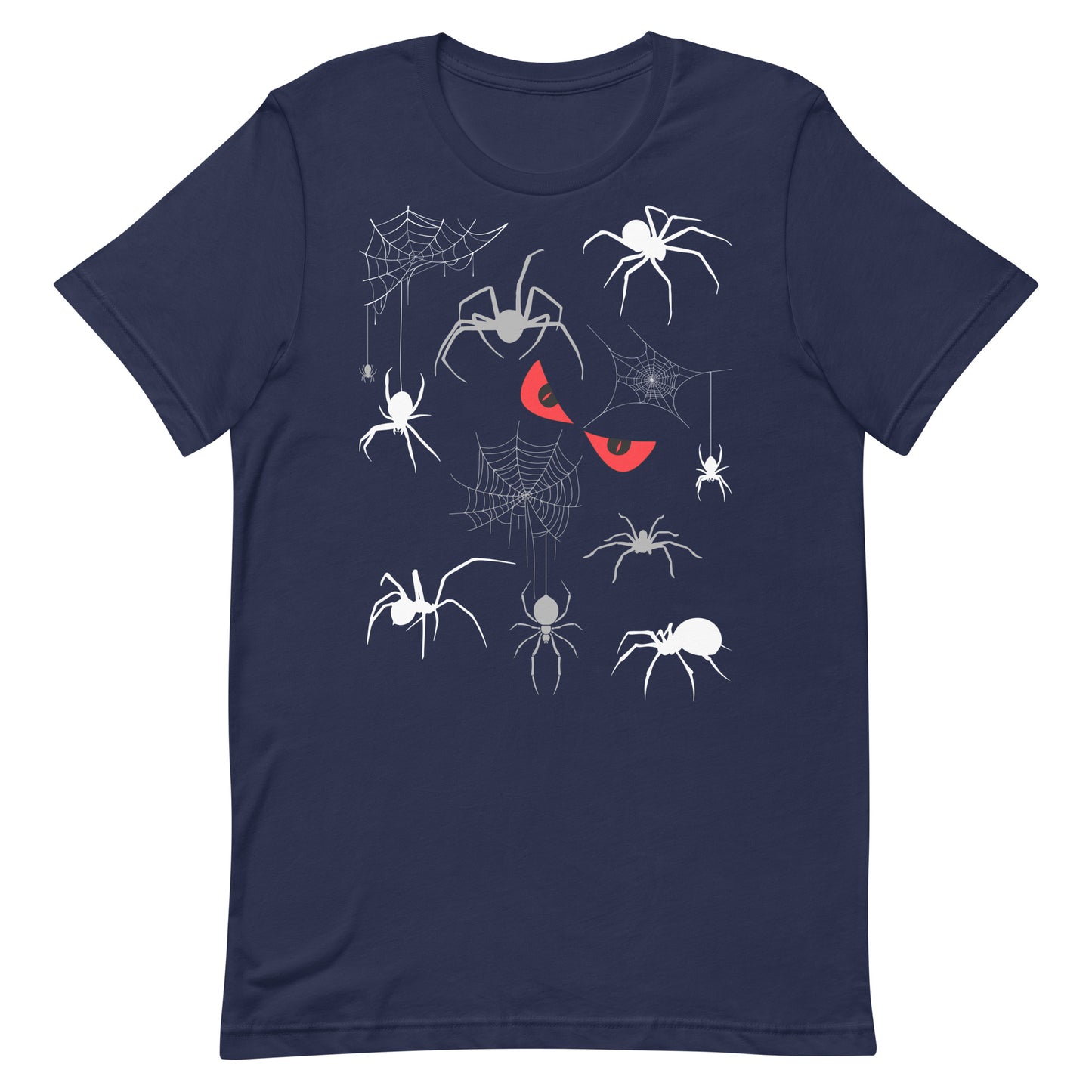 Unisex navy blue t-shirt with creepy spiders, spider webs and malicious red eyes. 