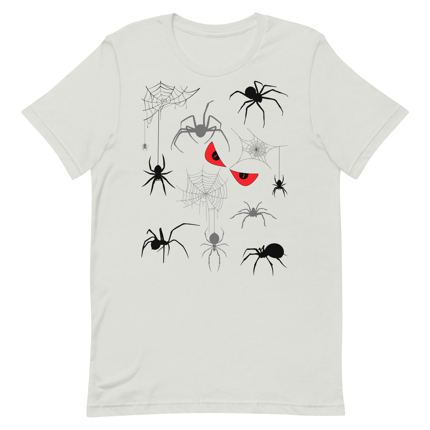 Unisex silver white t-shirt with creepy spiders, spider webs and malicious red eyes. 