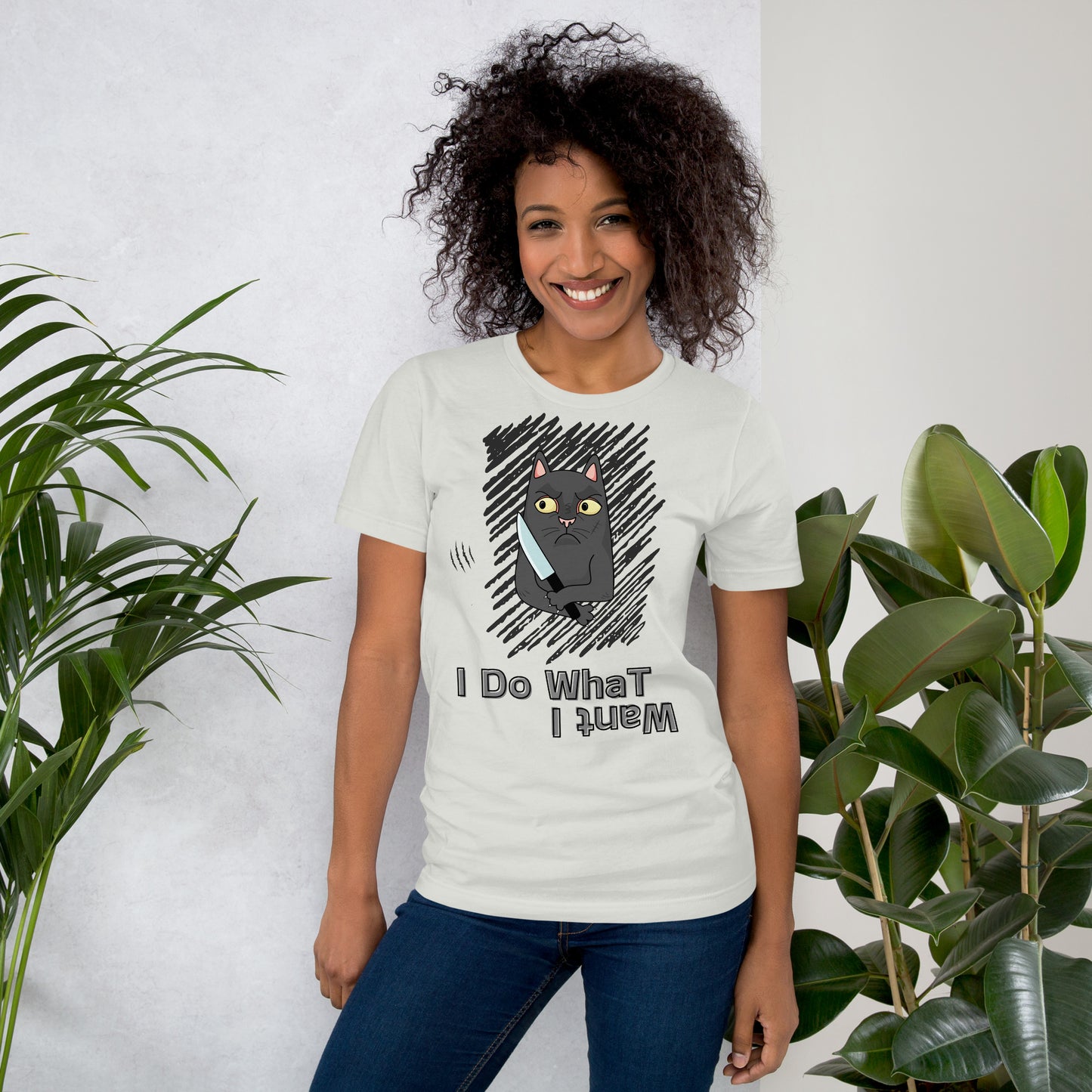 t-shirt with "I Do What I Want" caption and a mischievous cat with a knife