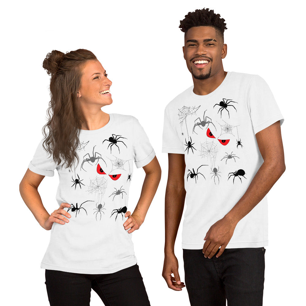 Man and woman in unisex white t-shirts with creepy spiders, spider webs and malicious red eyes. 