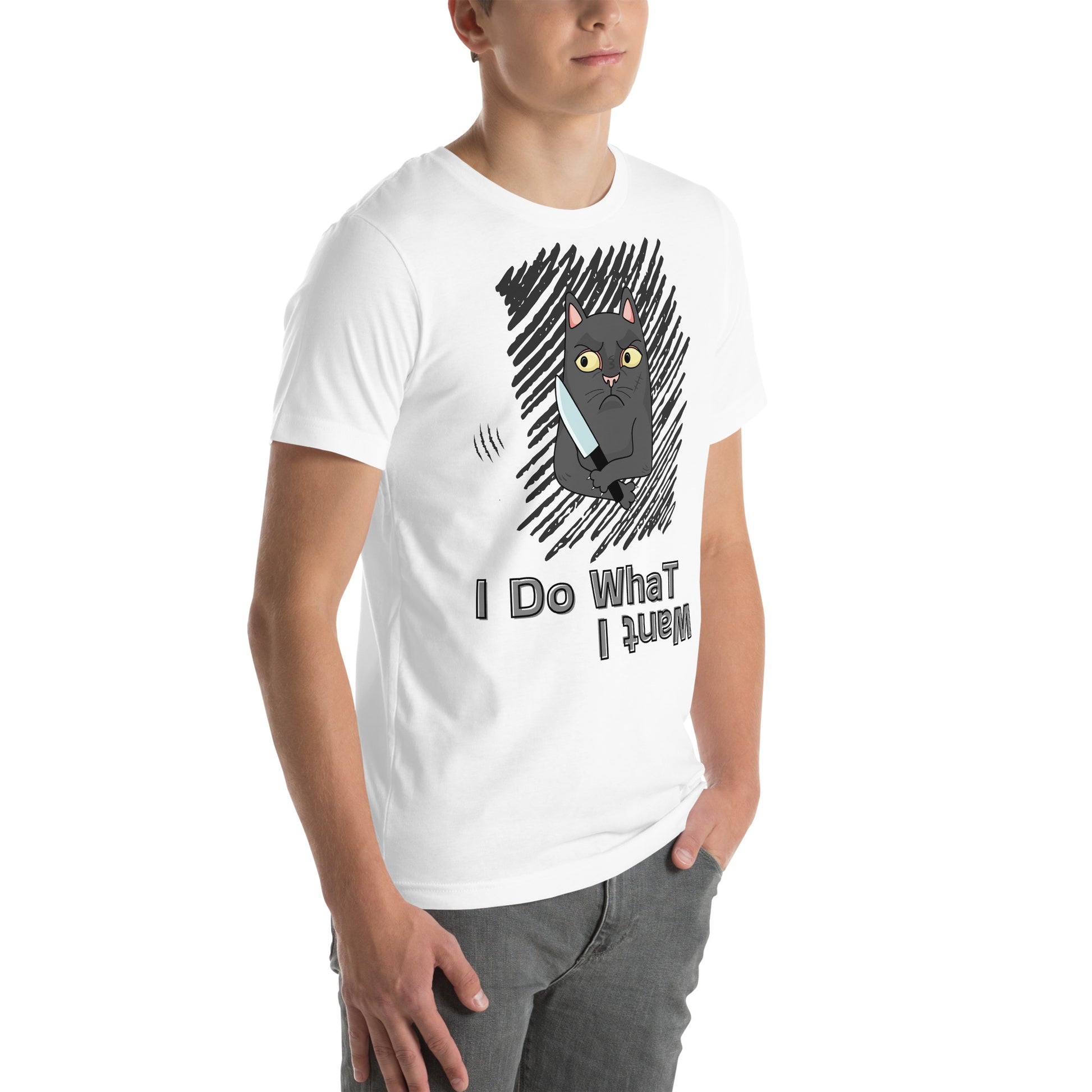 t-shirt with "I Do What I Want" caption and a mischievous cat with a knife