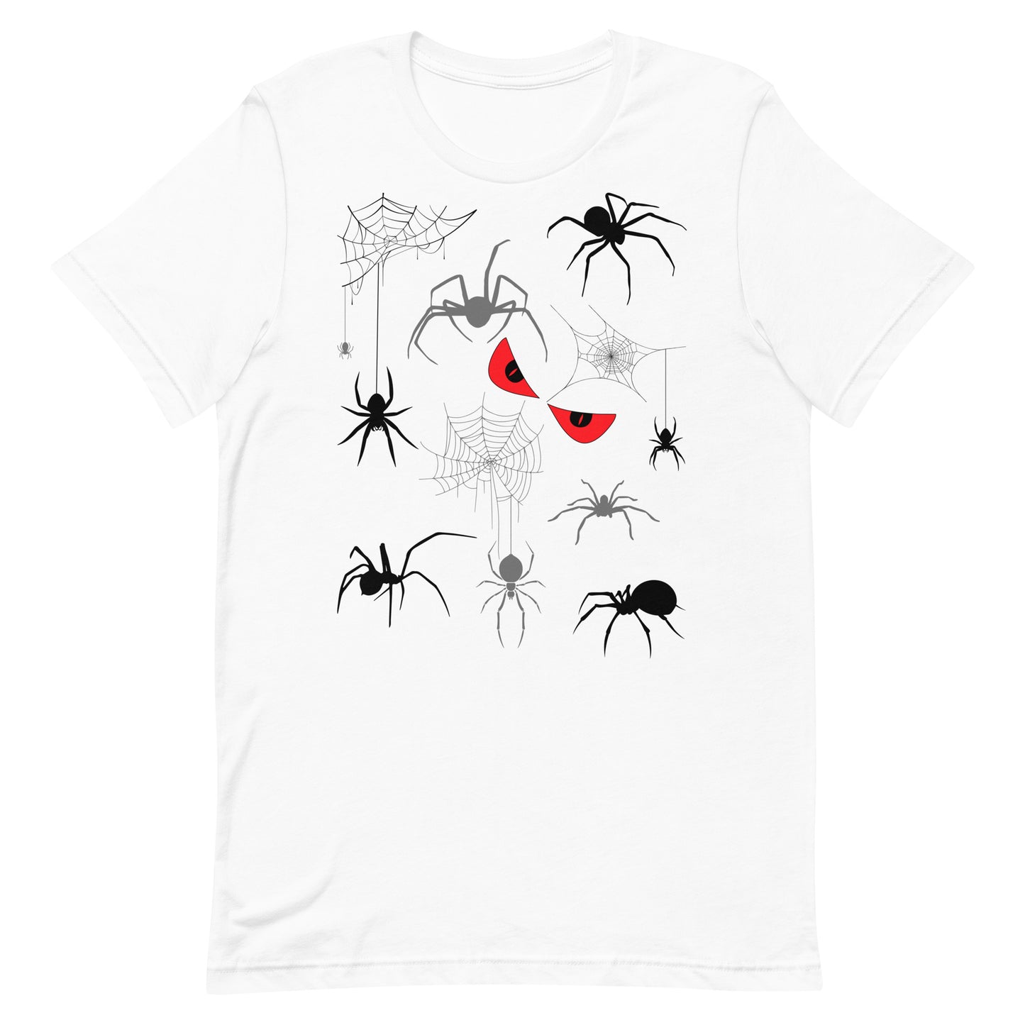 Unisex white t-shirt with creepy spiders, spider webs and malicious red eyes. 