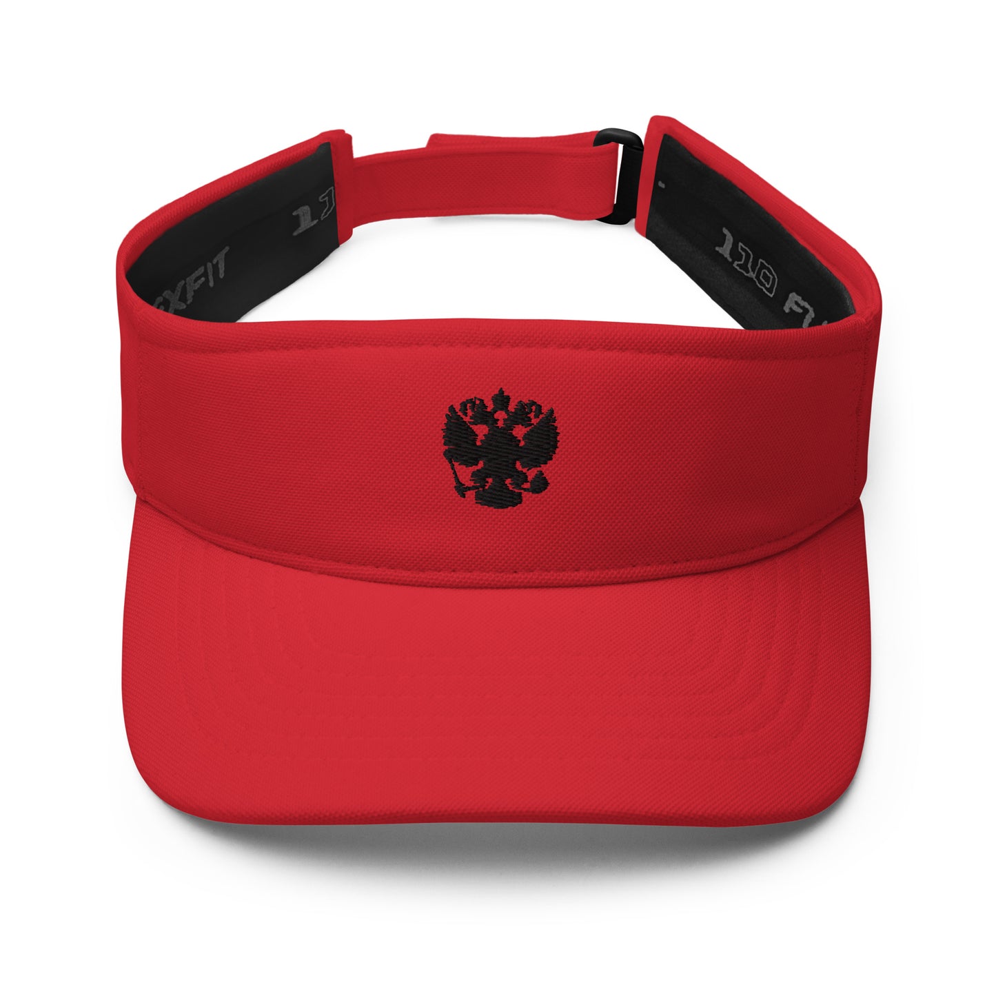 red visor with black russian coat of arms embroidered on the front