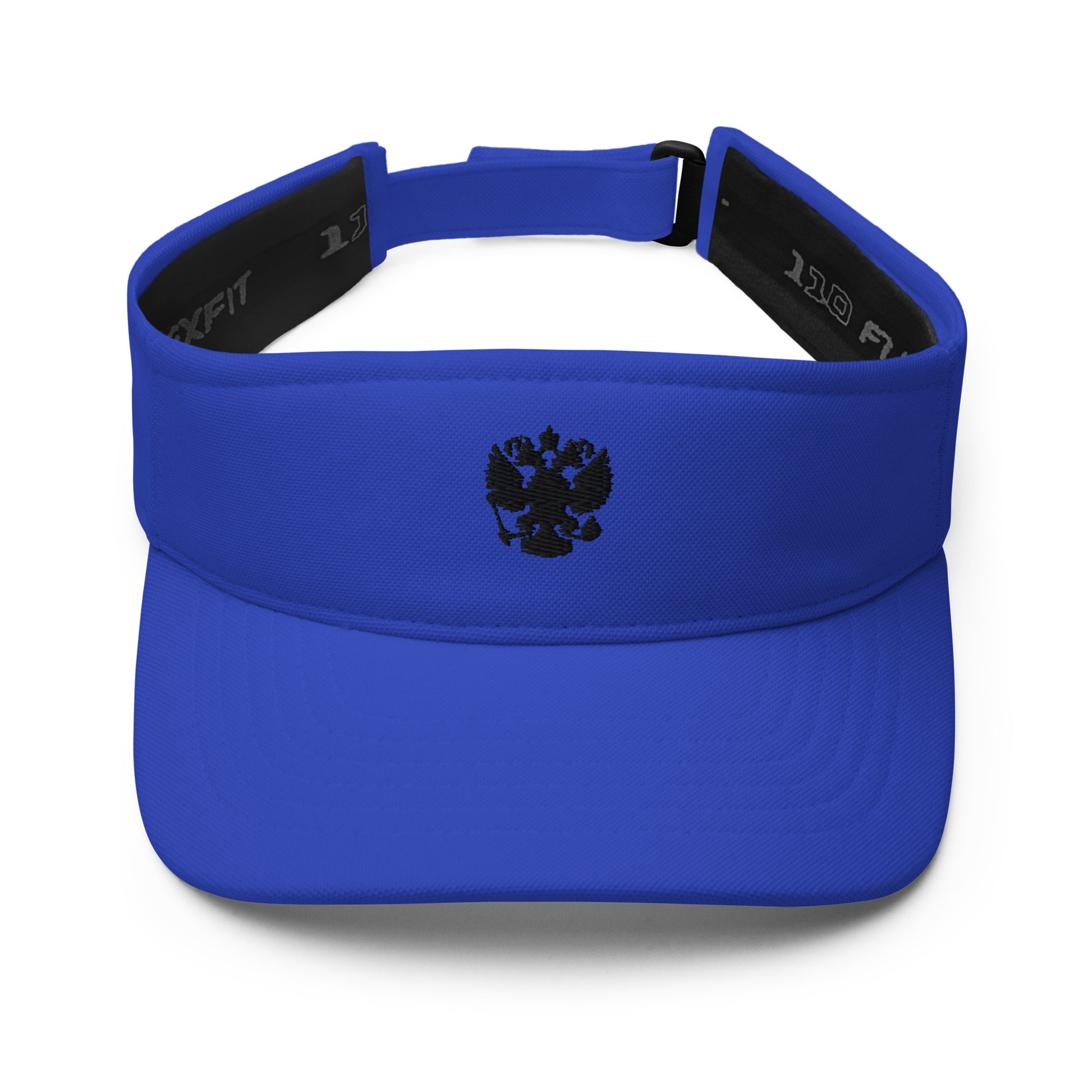 royal blue visor with black russian coat of arms embroidered on the front