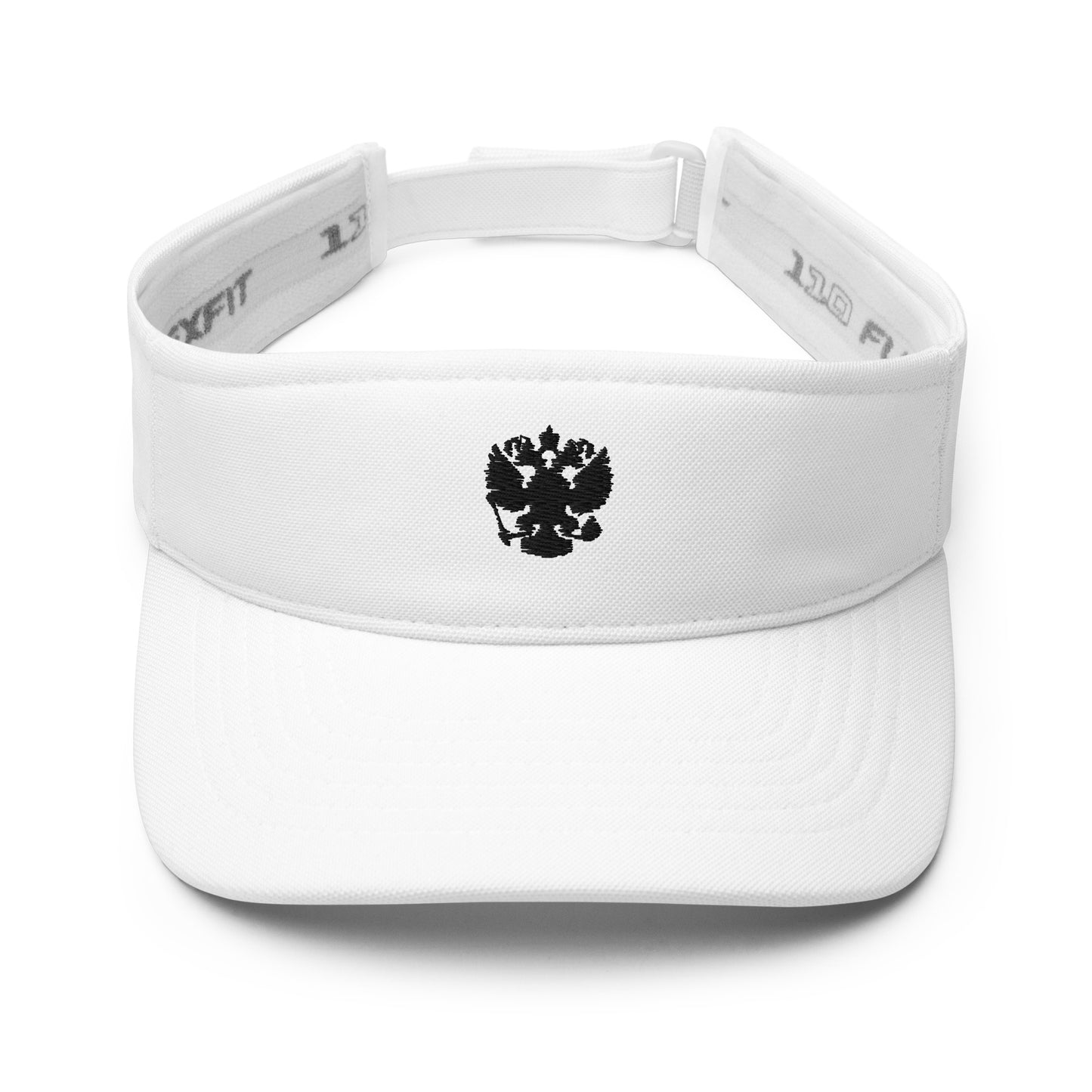 white visor with black russian coat of arms embroidered on the front