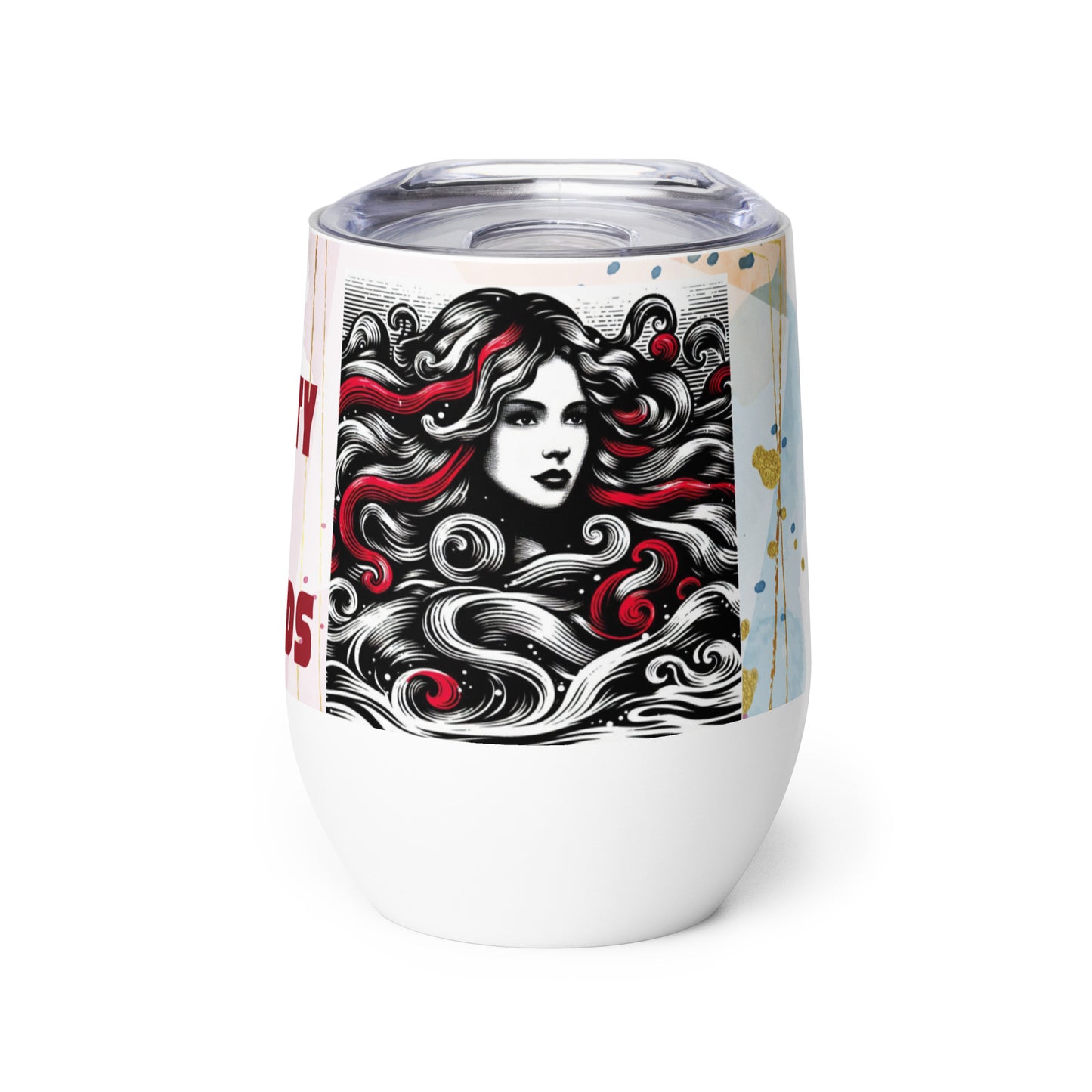 Wine tumbler with a sketch of a beautiful woman's face and captions "Capture Beauty With Words" and "Embrace The Beauty Within You."