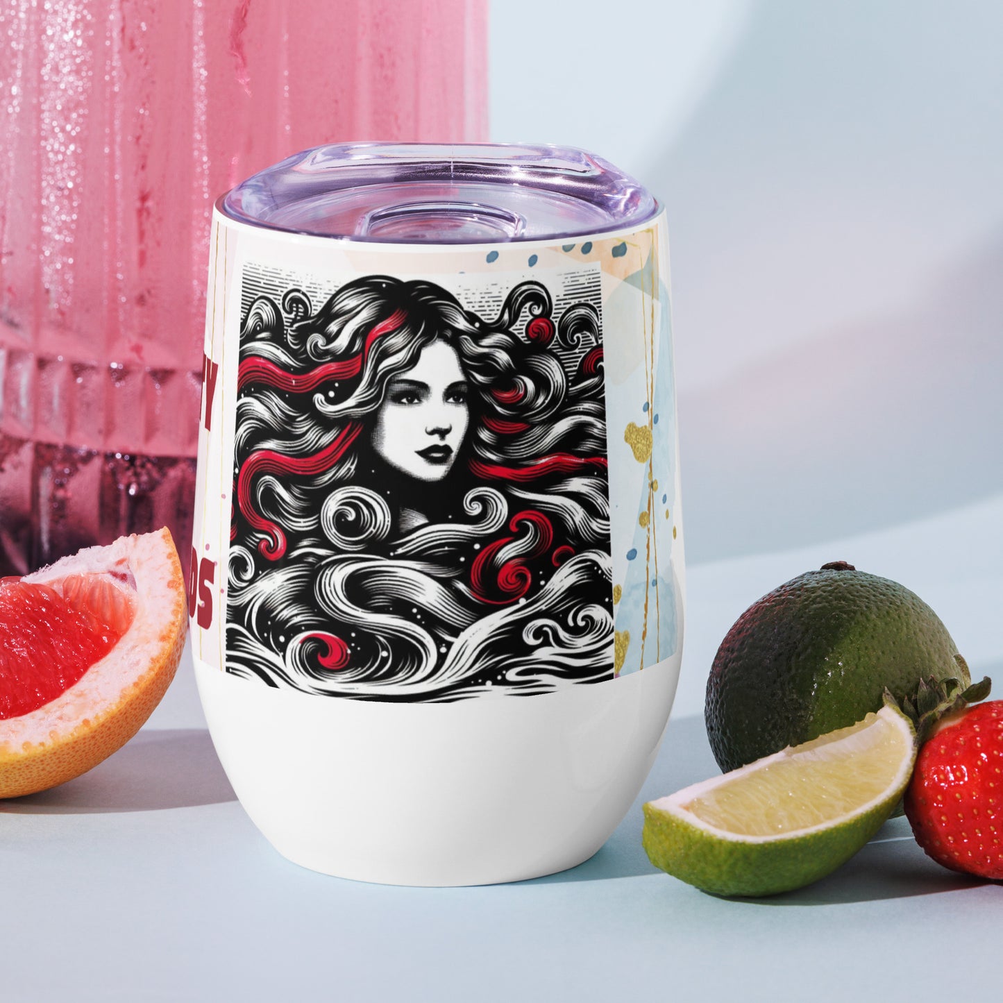 Wine tumbler with a sketch of a beautiful woman's face and captions "Capture Beauty With Words" and "Embrace The Beauty Within You."