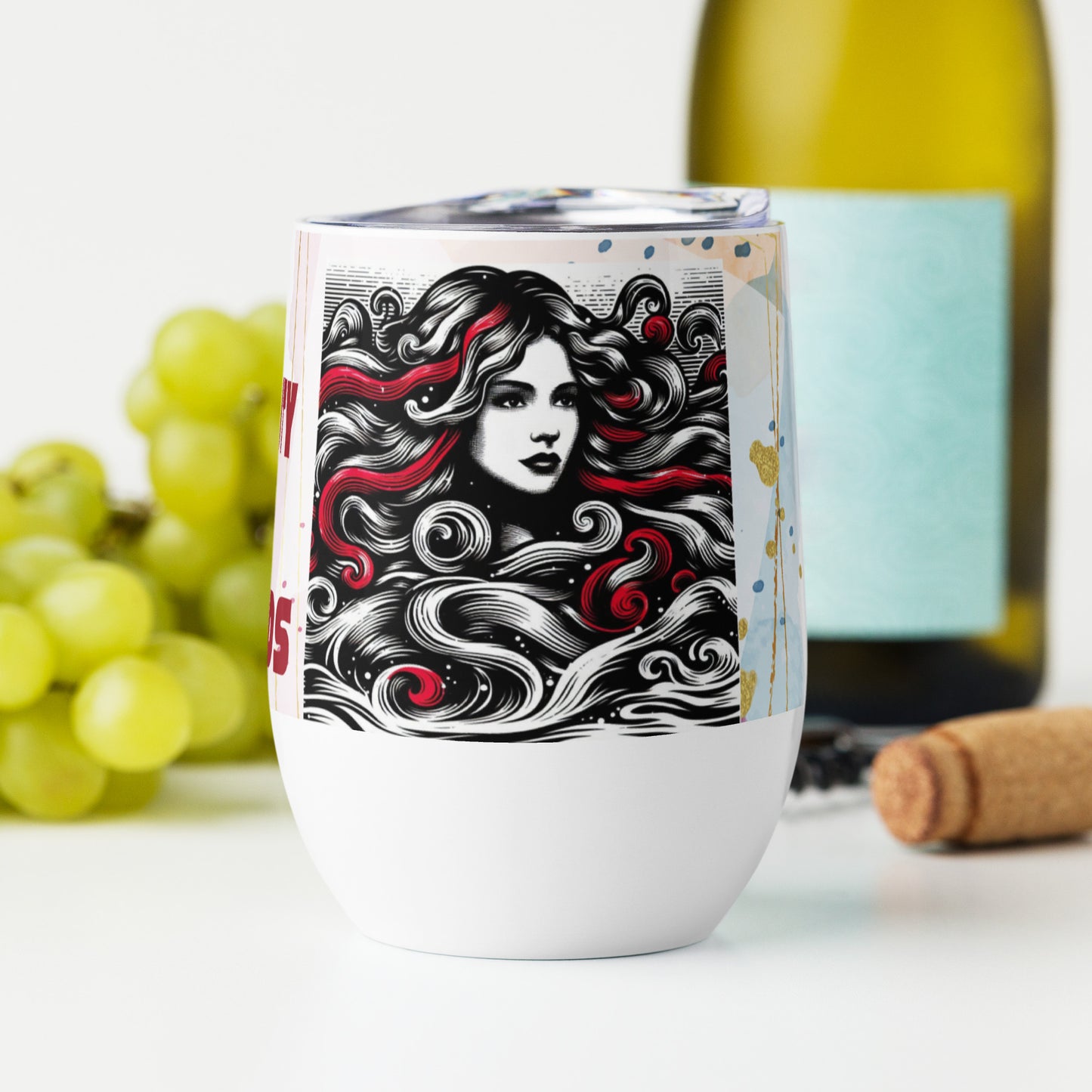 Wine tumbler with a sketch of a beautiful woman's face and captions "Capture Beauty With Words" and "Embrace The Beauty Within You."