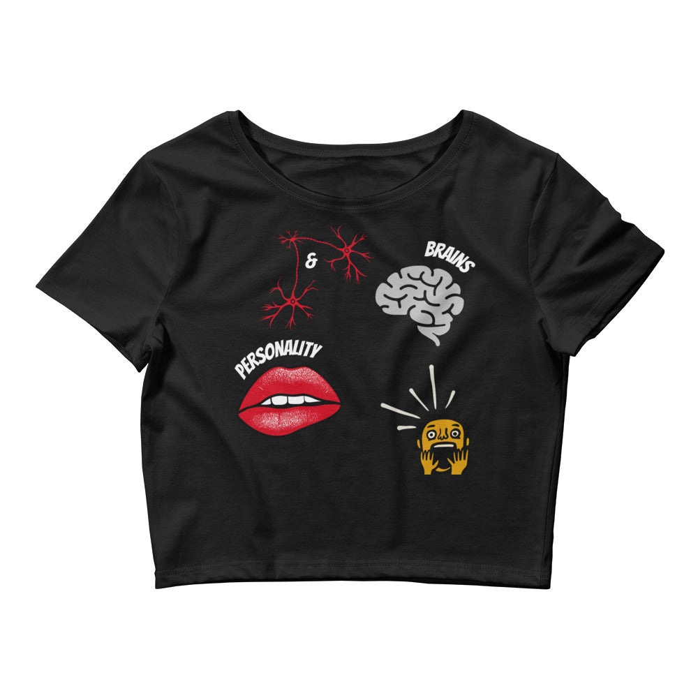 black tshirt with picture of brains lips and shocked male with inscription brains and personality implying that it makes the male horrified and unable to handle