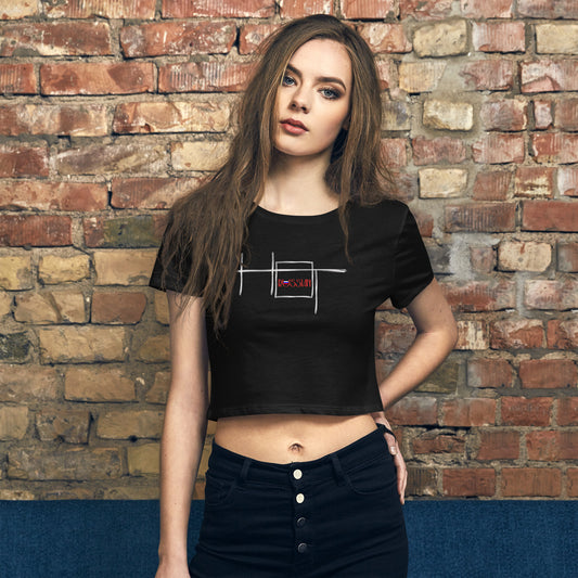 woman in black tshirt with word hot inscribed in the center and russian in the middle of letter o and russian flag inside the u of russian