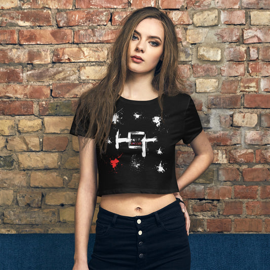 black t-shirt crop top with hot russian with paint splashes around