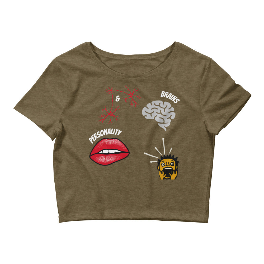 heather olive tshirt with picture of brains lips and shocked male with inscription brains and personality implying that it makes the male horrified and unable to handle