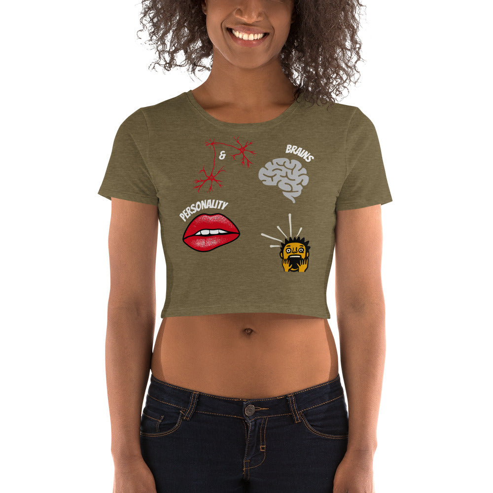 side view of a heather olive tshirt with picture of brains lips and shocked male with inscription brains and personality implying that it makes the male horrified and unable to handle