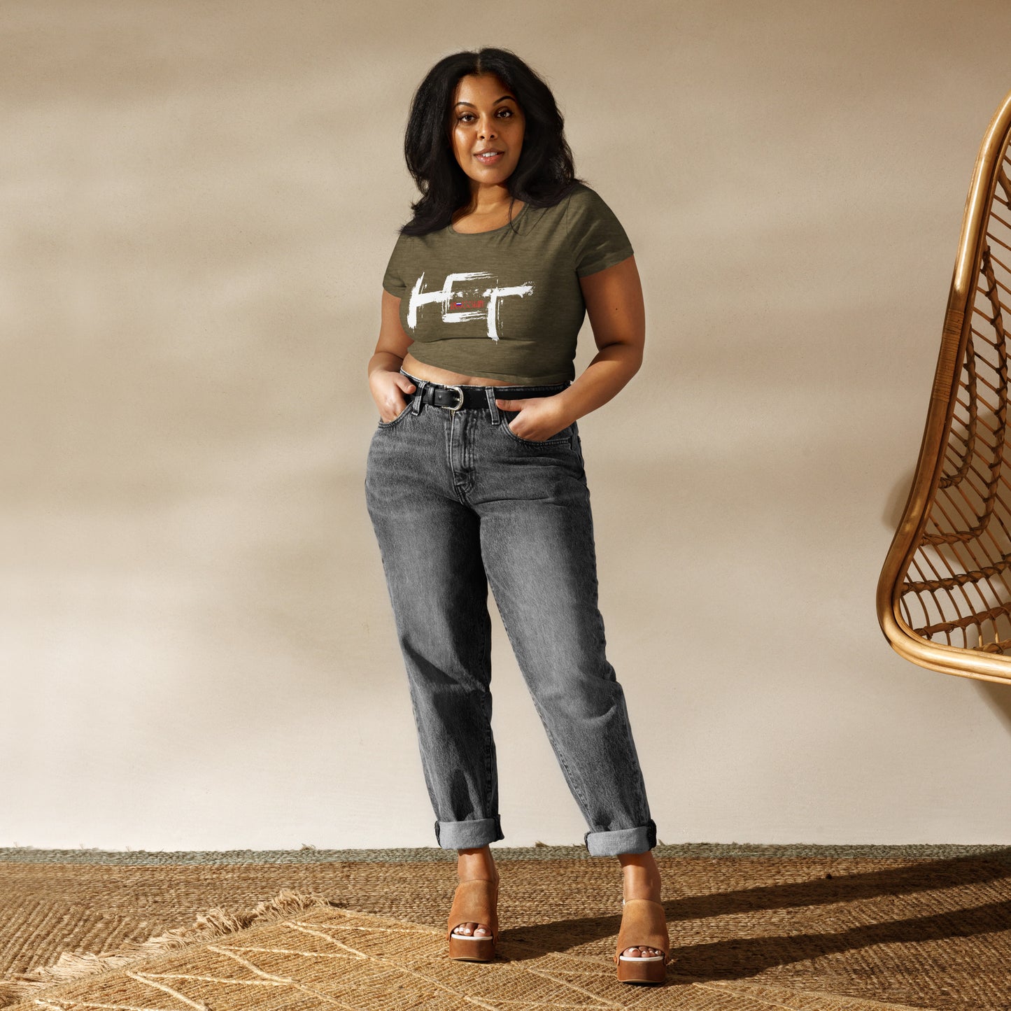 woman in heather olive tshirt with word hot inscribed in the center and russian in the middle of letter o and russian flag inside the u of russian