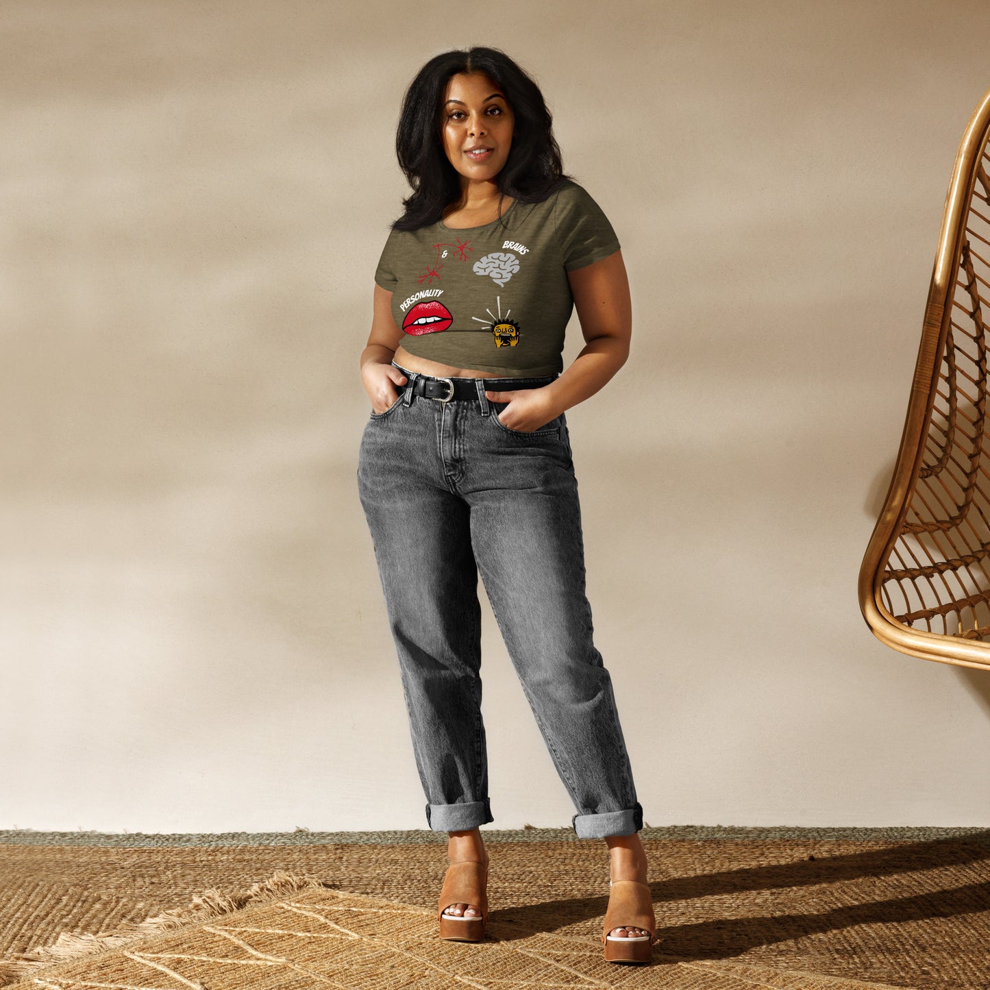 woman in a heather olive tshirt with picture of brains lips and shocked male with inscription brains and personality implying that it makes the male horrified and unable to handle