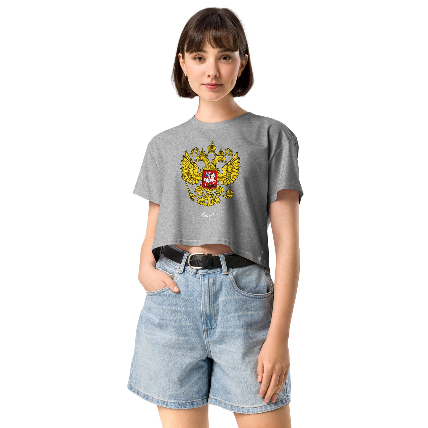 woman in heather grey tshirt with russian crest coat of arms on the front