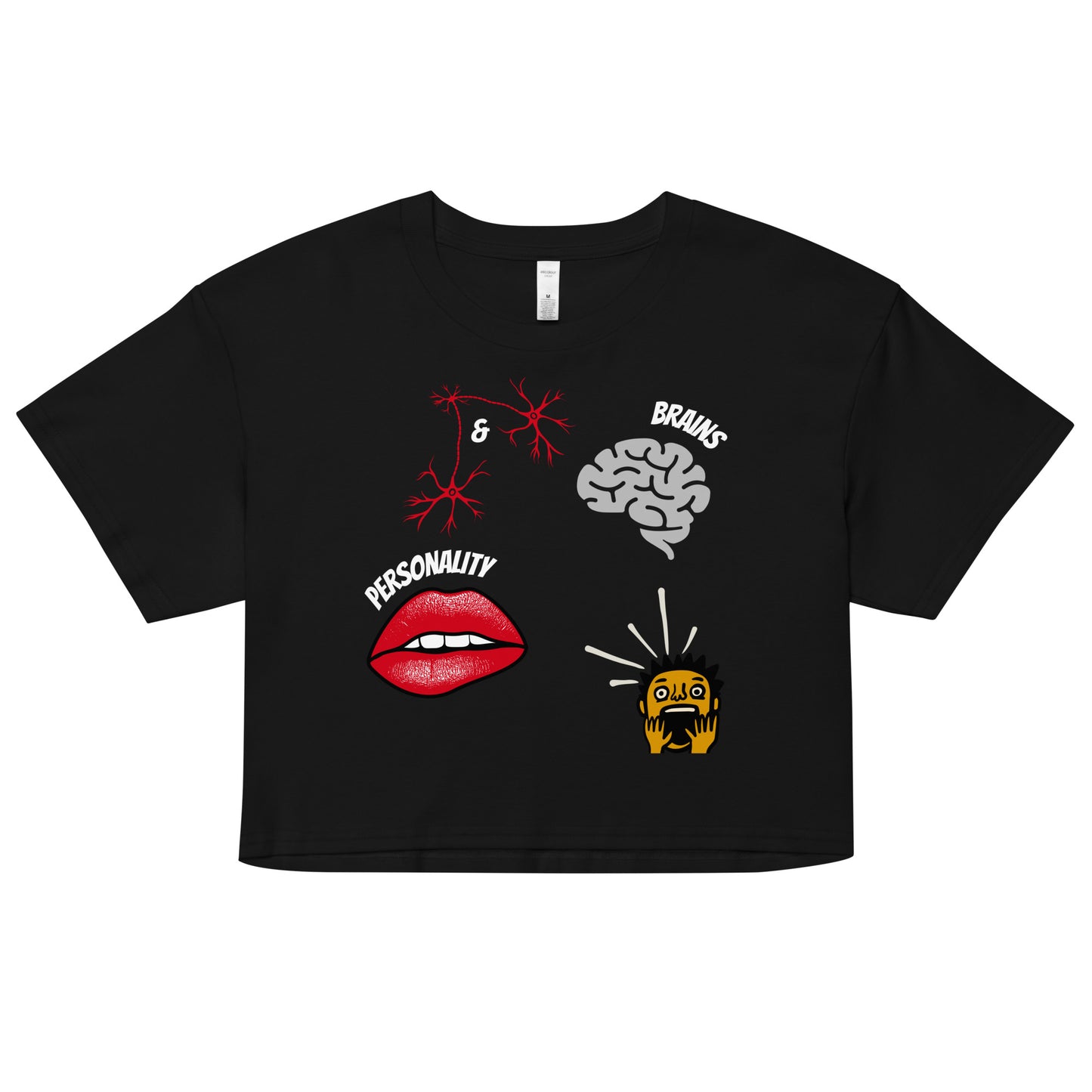 black tshirt with picture of brains lips and shocked male with inscription brains and personality implying that it makes the male horrified and unable to handle