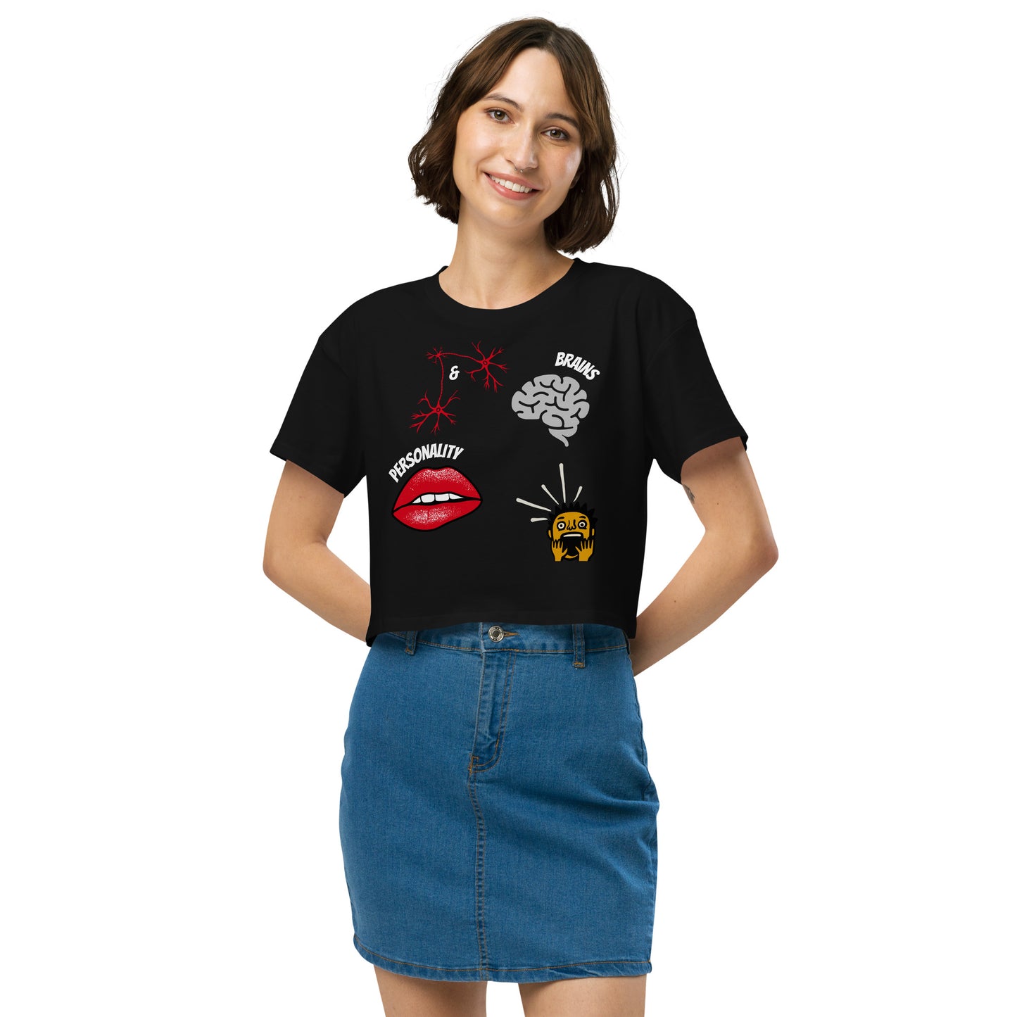 woman in black tshirt with picture of brains lips and shocked male with inscription brains and personality implying that it makes the male horrified and unable to handle