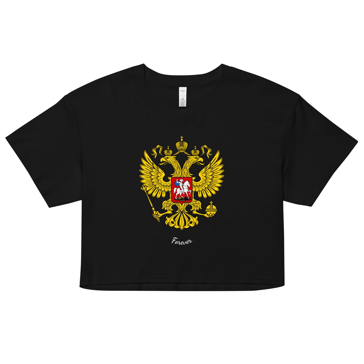 black tshirt with russian crest coat of arms on the front