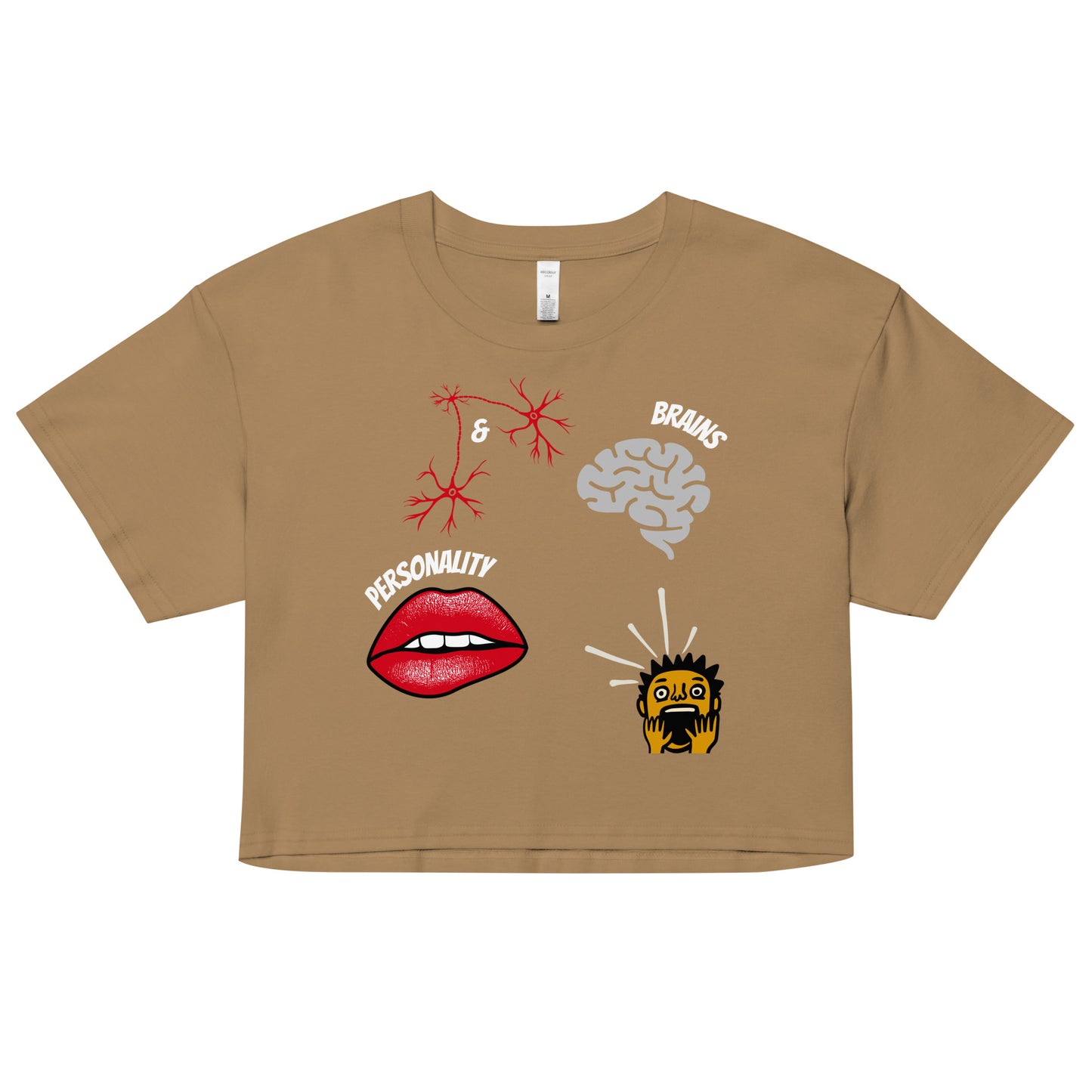 camel tshirt with picture of brains lips and shocked male with inscription brains and personality implying that it makes the male horrified and unable to handle