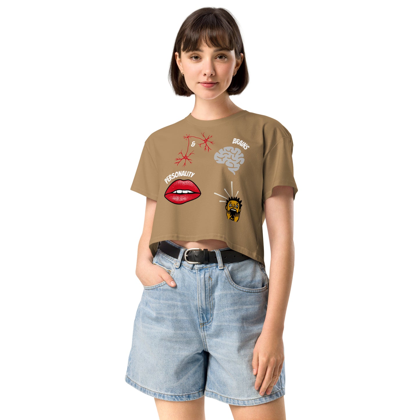 woman in camel tshirt with picture of brains lips and shocked male with inscription brains and personality implying that it makes the male horrified and unable to handle