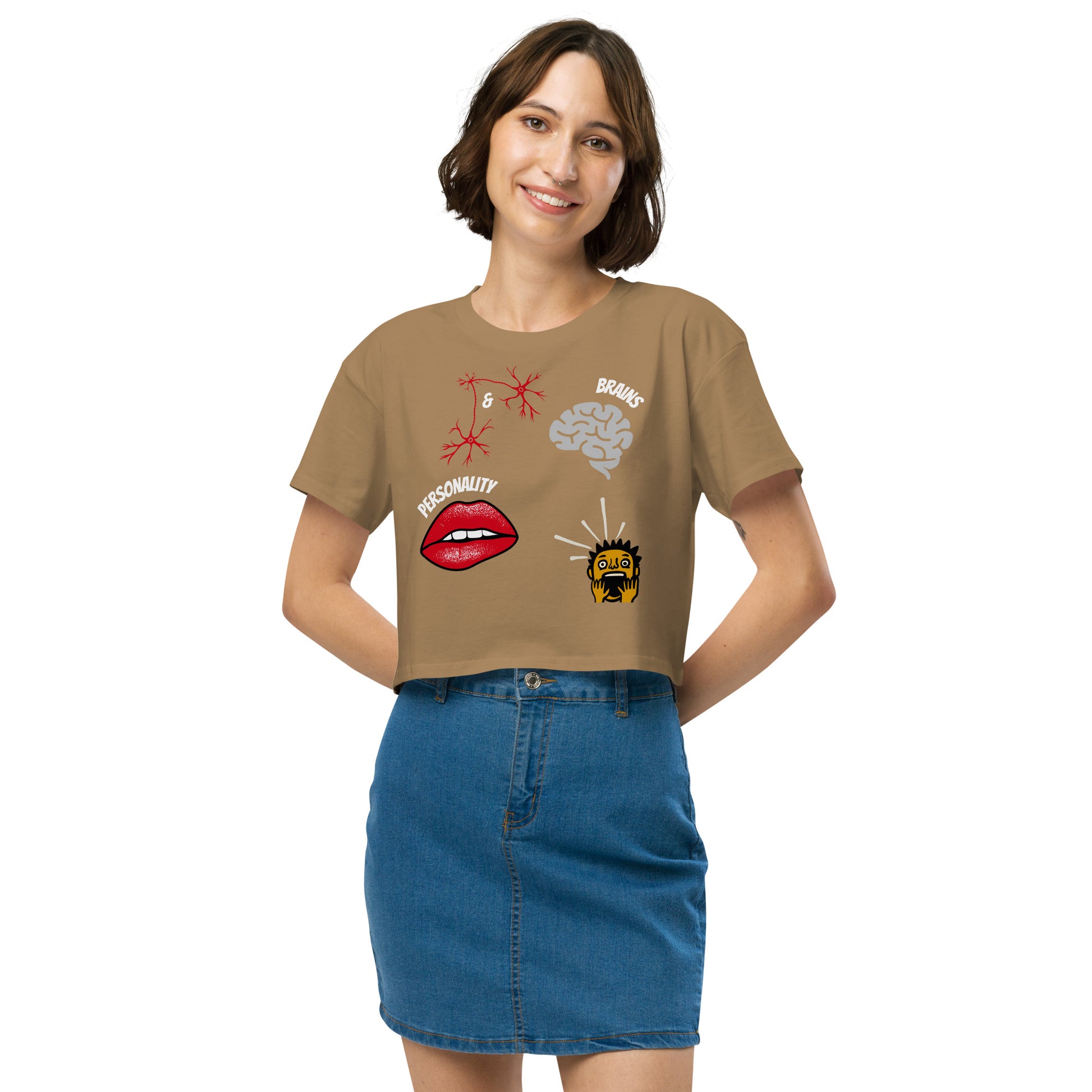 woman in camel tshirt with picture of brains lips and shocked male with inscription brains and personality implying that it makes the male horrified and unable to handle