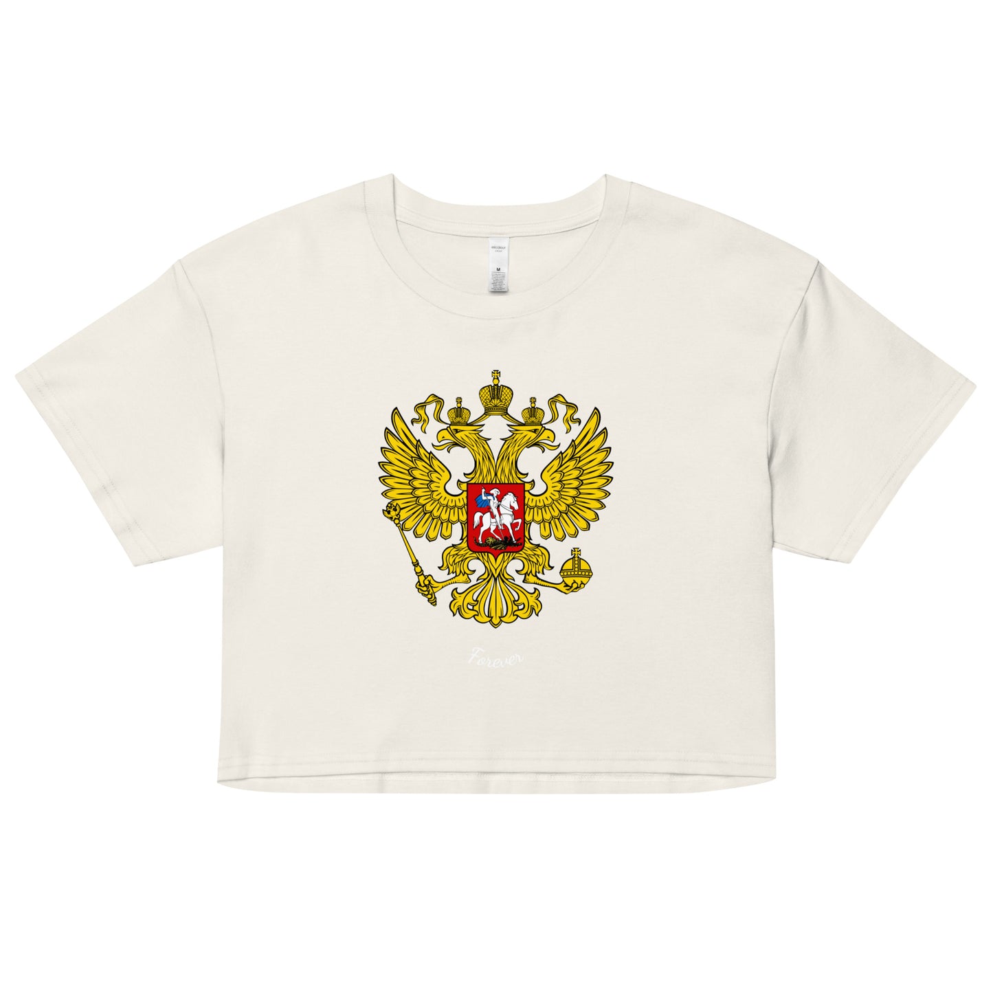 ecru tshirt with russian crest coat of arms on the front