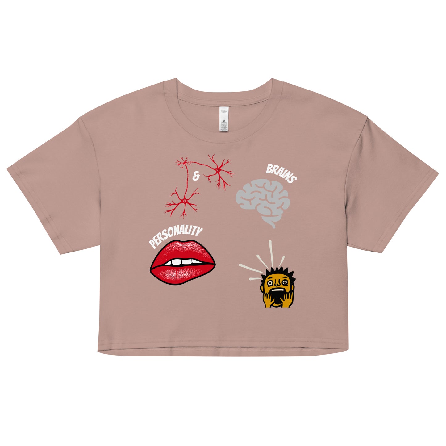 hazy pink tshirt with picture of brains lips and shocked male with inscription brains and personality implying that it makes the male horrified and unable to handle