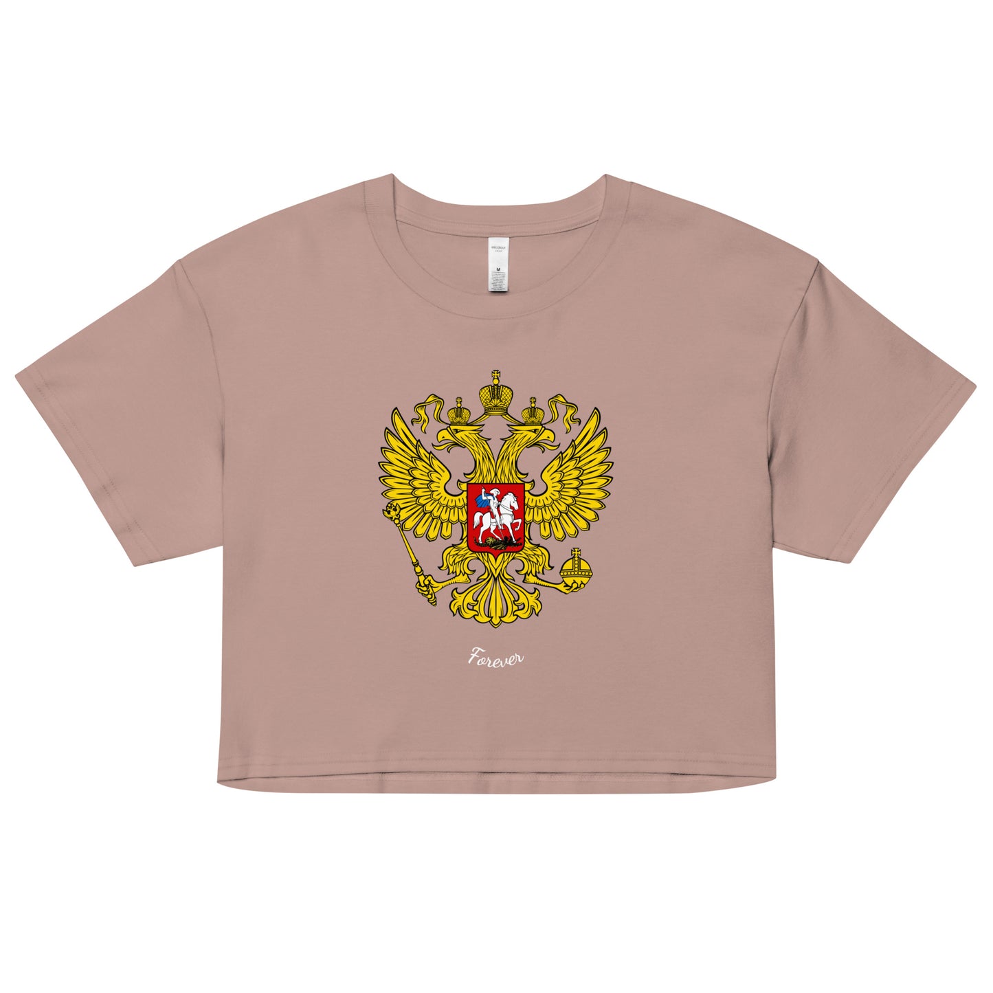 hazy pink tshirt with russian crest coat of arms on the front