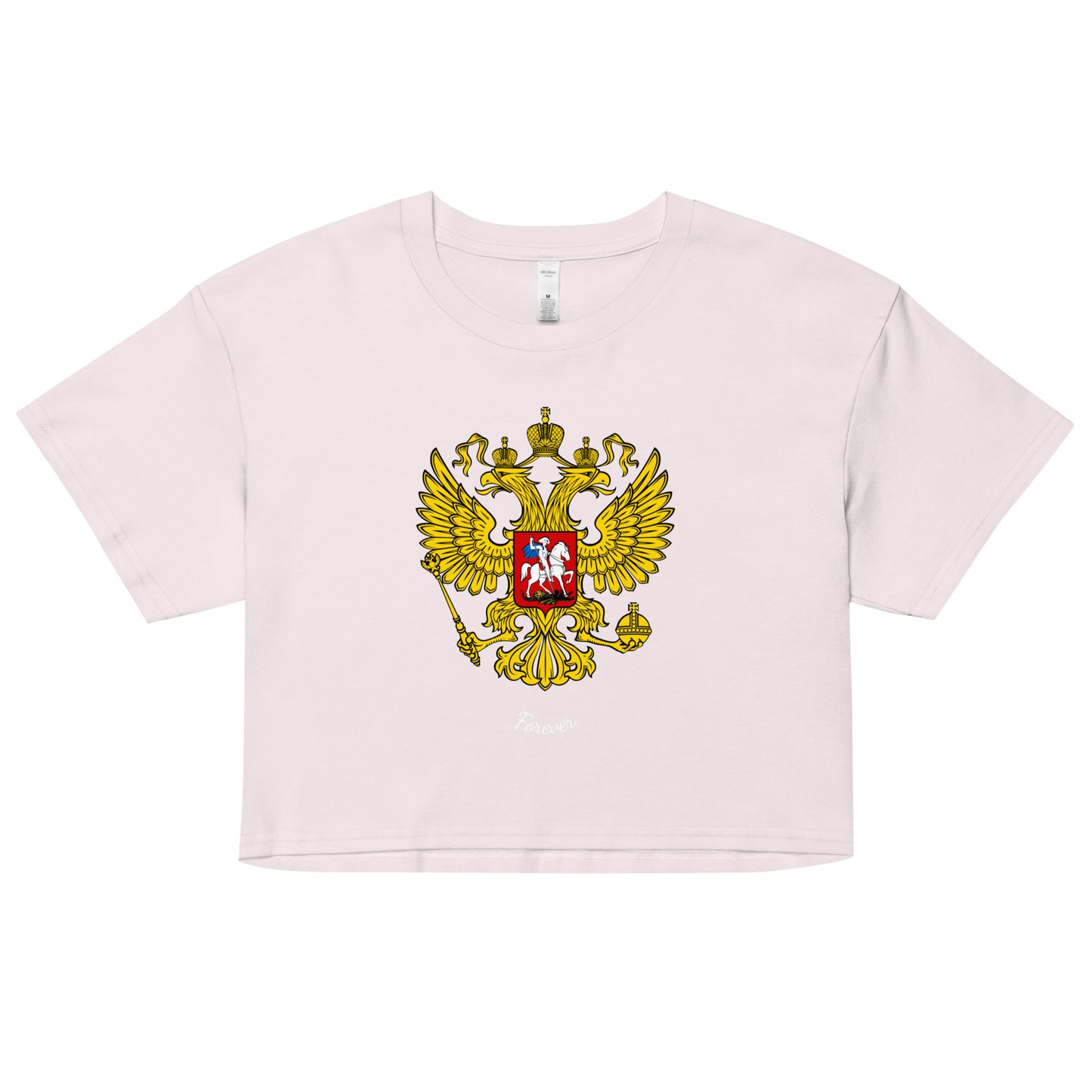 orchid tshirt with russian crest coat of arms on the front