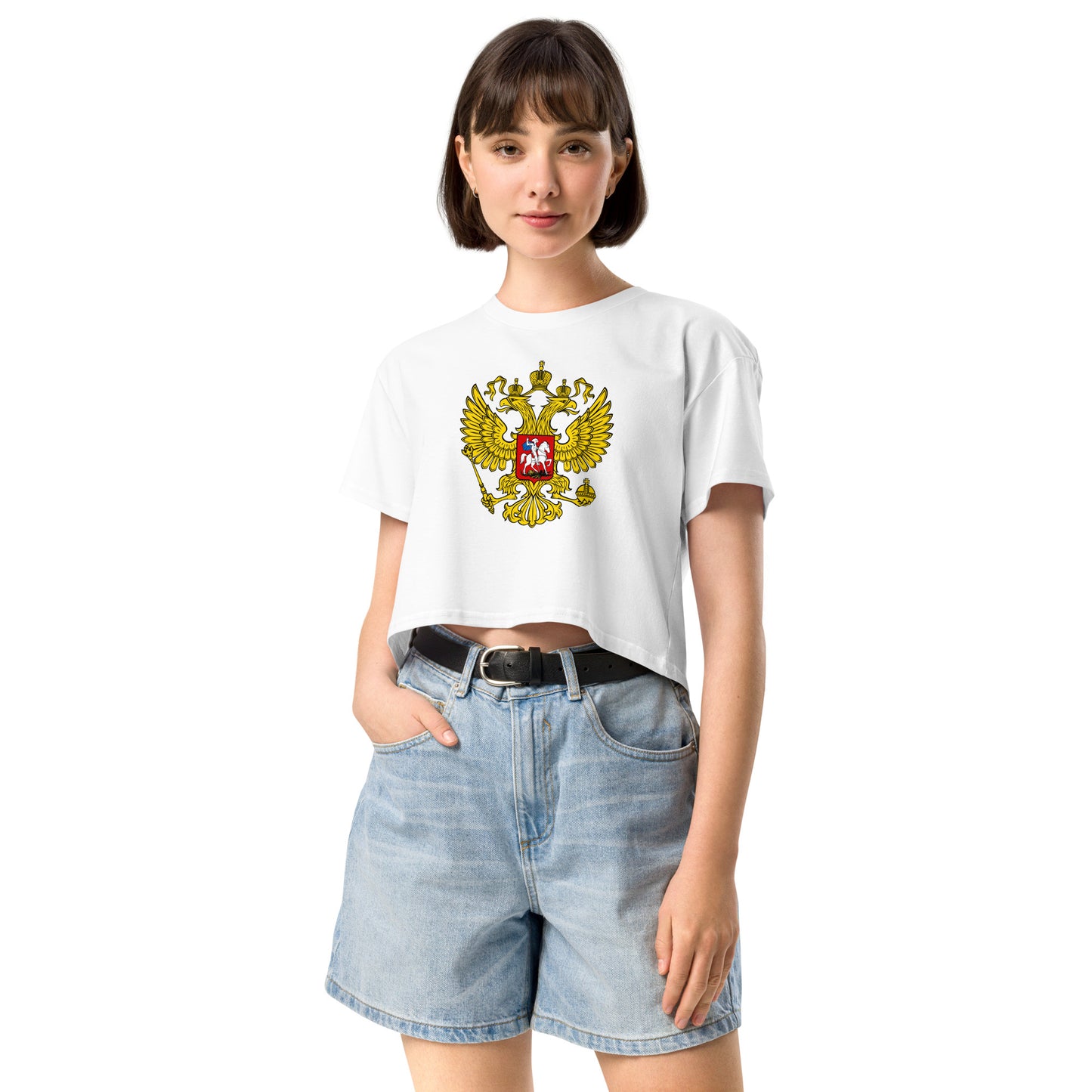 woman in white tshirt with russian crest coat of arms on the front