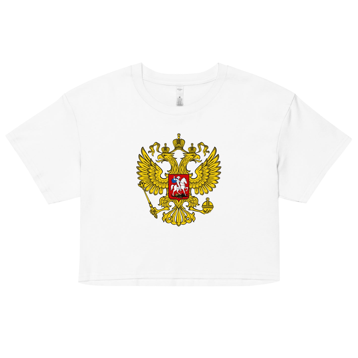 white tshirt with russian crest coat of arms on the front