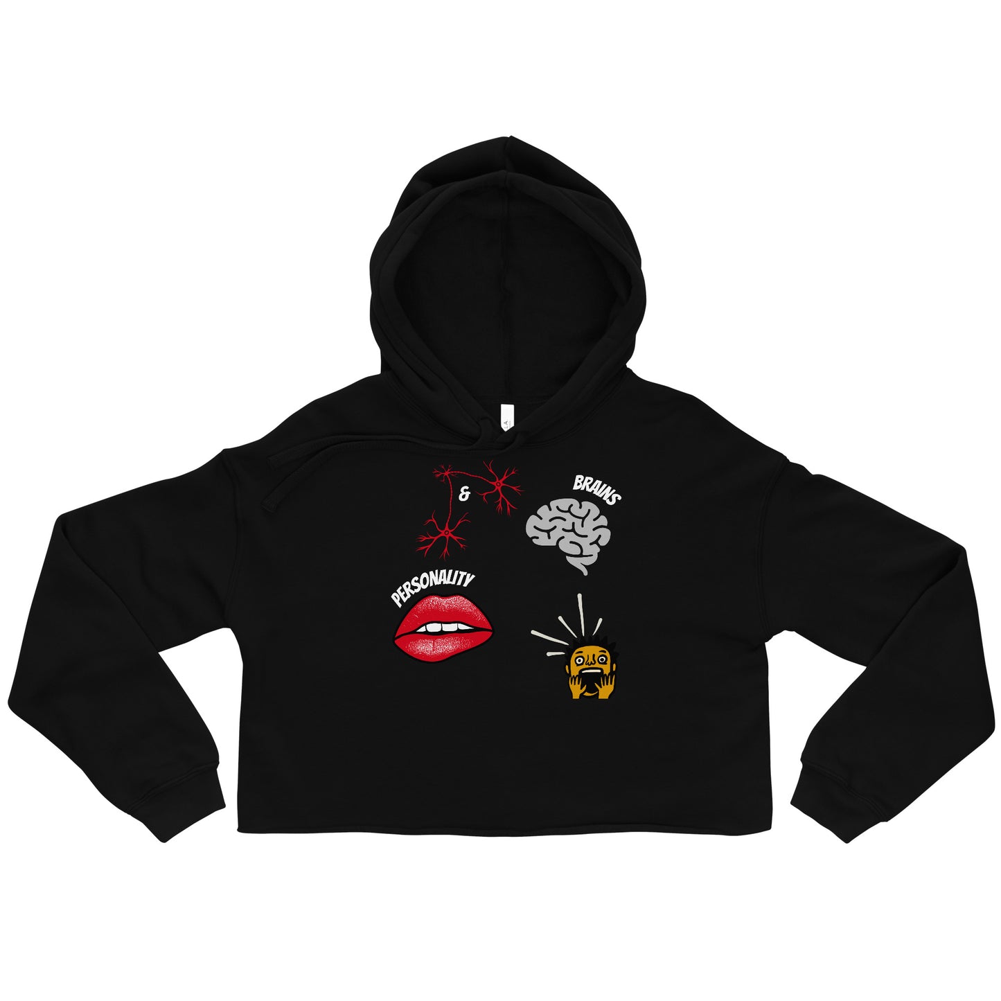 cropped black hoodie with pictures of brain sexy lips neurons and a shocked guy