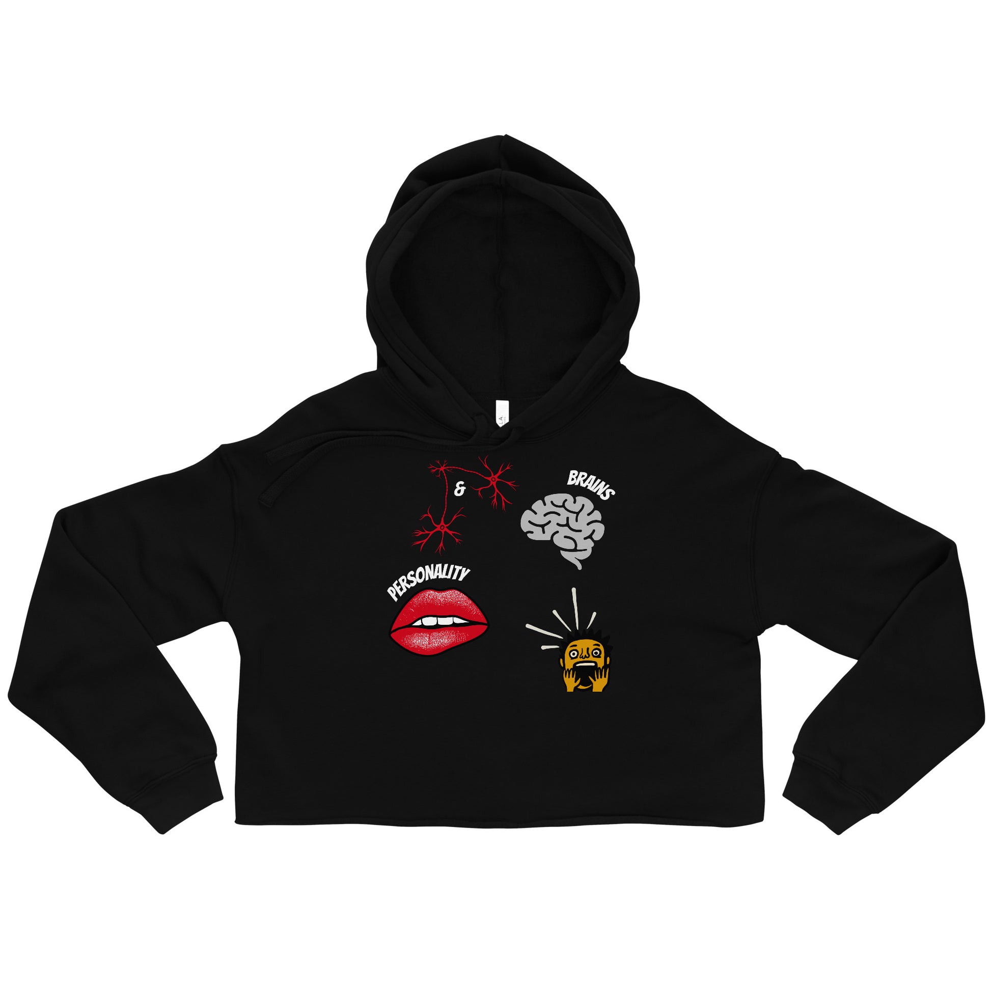 cropped black hoodie with pictures of brain sexy lips neurons and a shocked guy