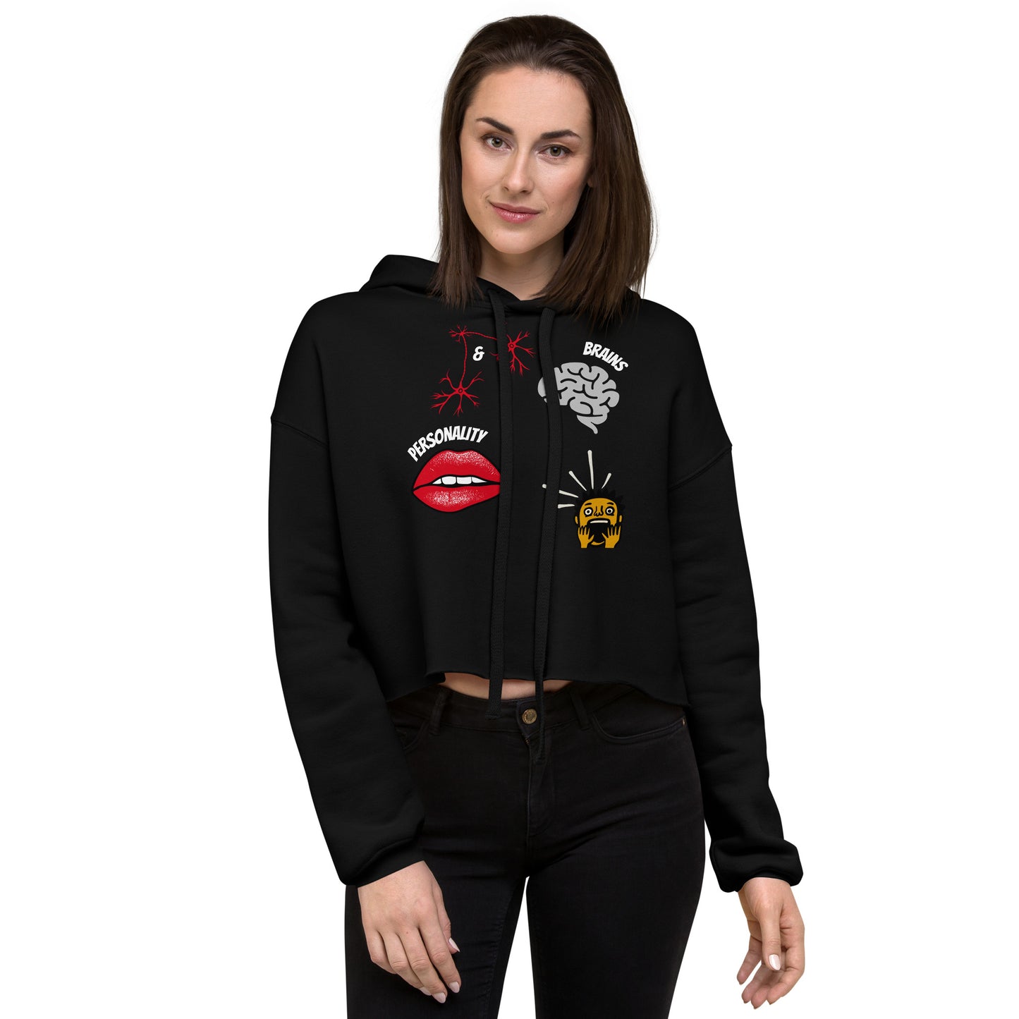 woman in a cropped black hoodie with pictures of brain sexy lips neurons and a shocked guy